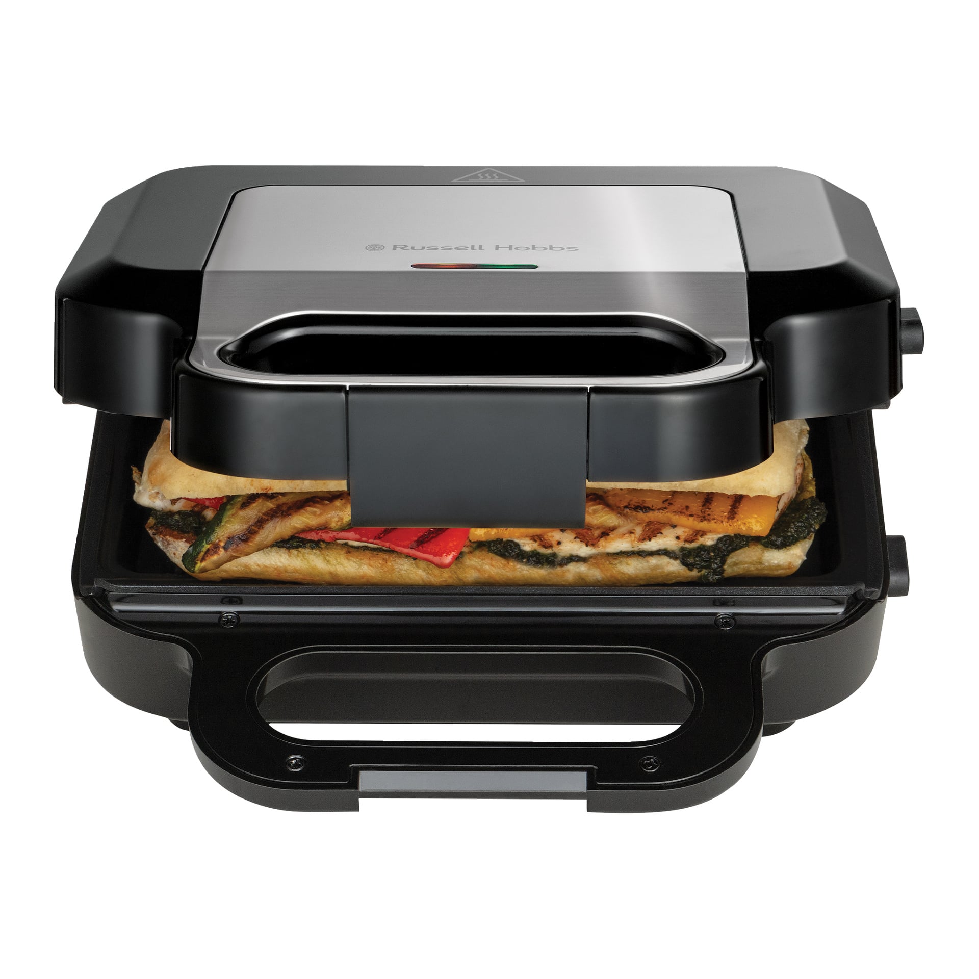 Musta Russell Hobbs 3-in-1 Sandwich Grill on auki, ja siinä on grillattu voileipä, jossa on paahdettua leipää, vihanneksia ja sulatettua juustoa.
