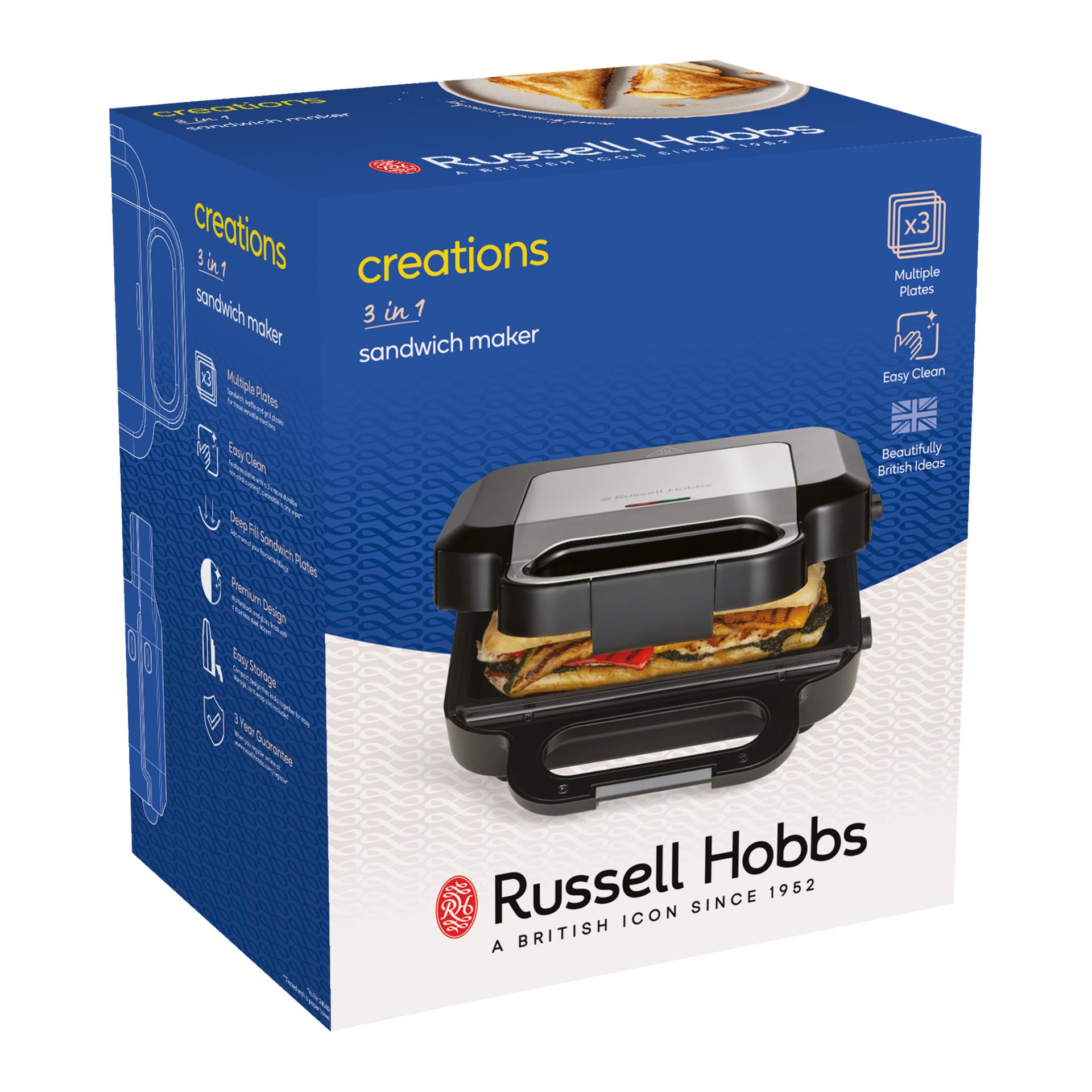 Russell Hobbs Sandwich Grill 3-in-1 -luomukset sinisessä pakkauksessa, näkyvissä paahdettujen voileipien, monilevyjen ja helposti puhdistettavien ominaisuuksien kanssa.