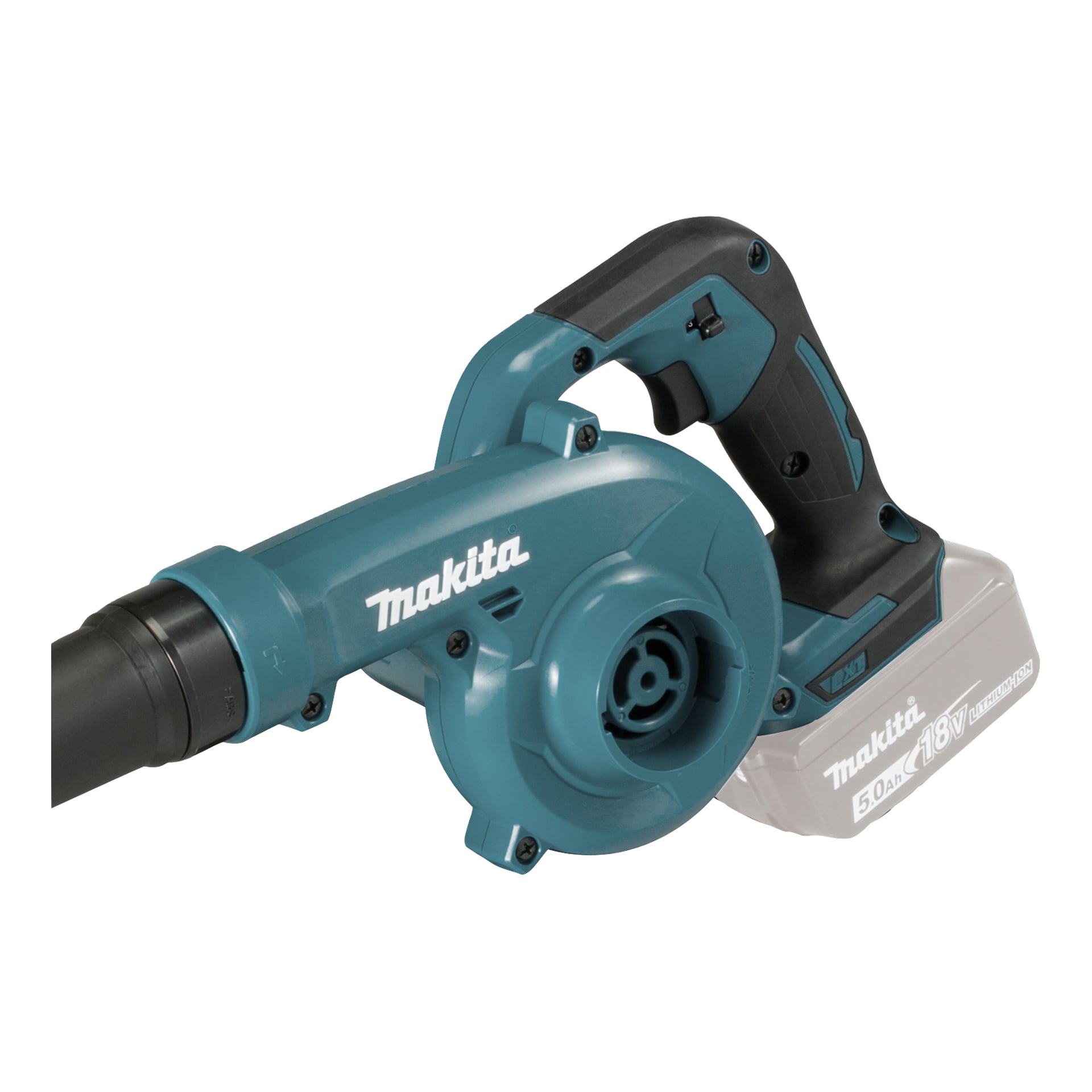 En teal- och svart Makita-lövblåsare med batteri, DUB186, med ett 18V litiumjonbatteri. Fläkten visar varumärket "Makita" på sin kaross.