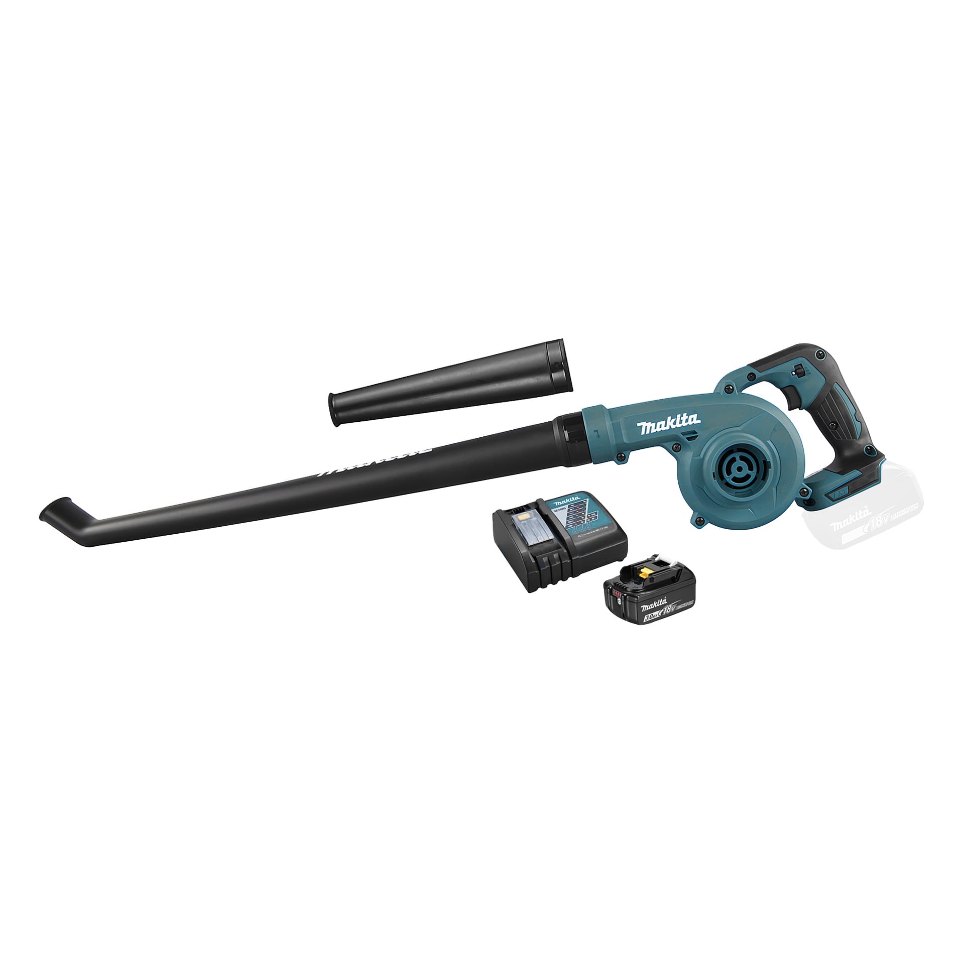 En Makita DUB186 batteridriven lövblås med avtagbart rör, visad med separat batteri och laddare. Batteriet sitter separat från fläkten, och laddaren sitter bredvid batteriet.