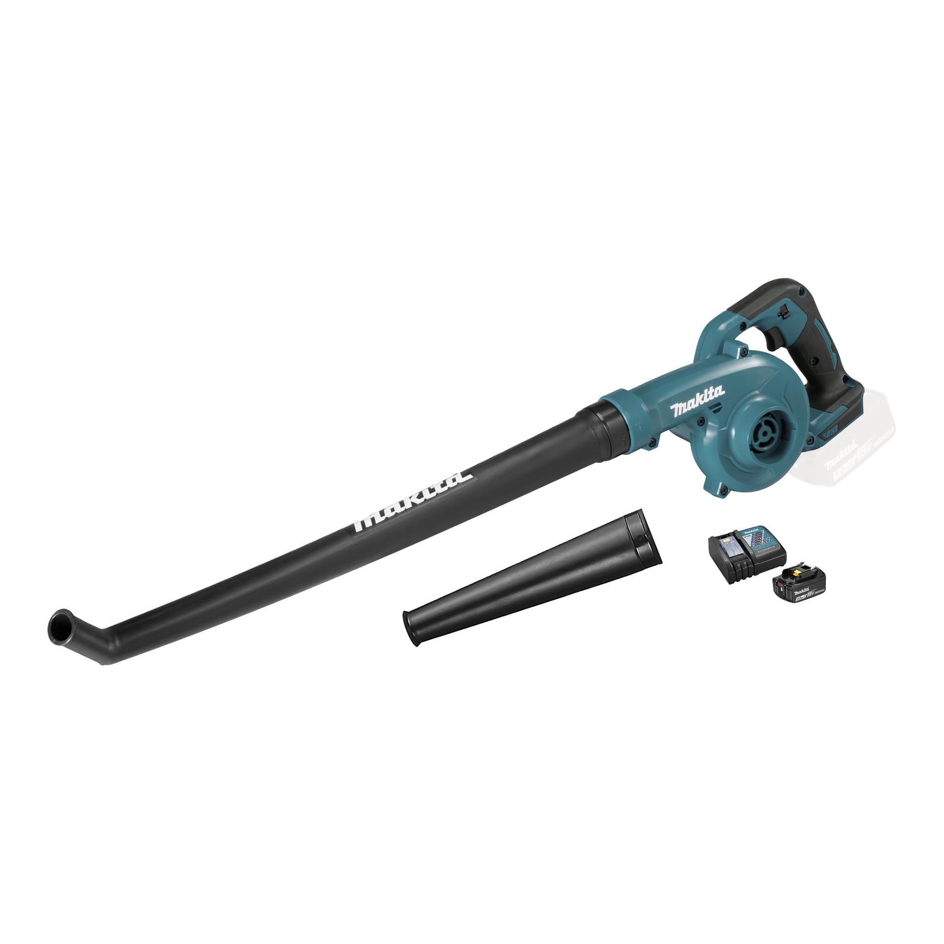 Makita DUB186 batteridrivna lövblås har ett långt munstycke, ett kort munstycke, ett batteri och en laddare.