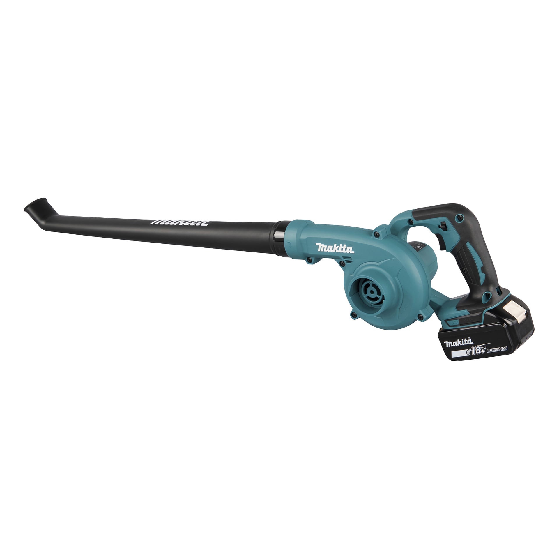 En Makita batteridriven lövblåsare DUB186 med svart munstycke, turkosa och svart kropp samt 18V litiumjonbatteri på handtaget. Ordet "Makita" är tryckt på munstycket och kroppen.