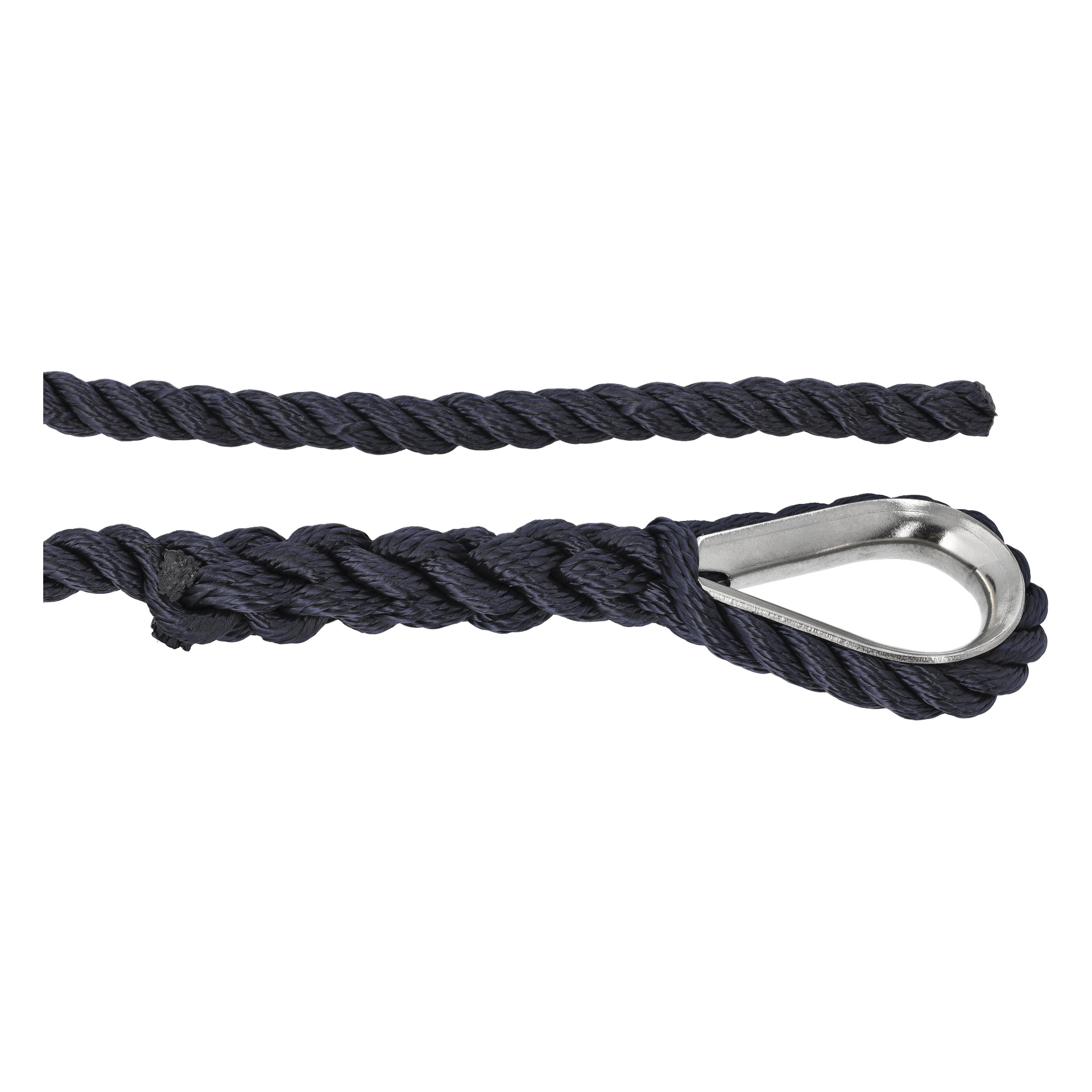 Närbild av Hamron Anchor-linan, svart flätat rep med en metallfingerborg som förstärker ena änden.