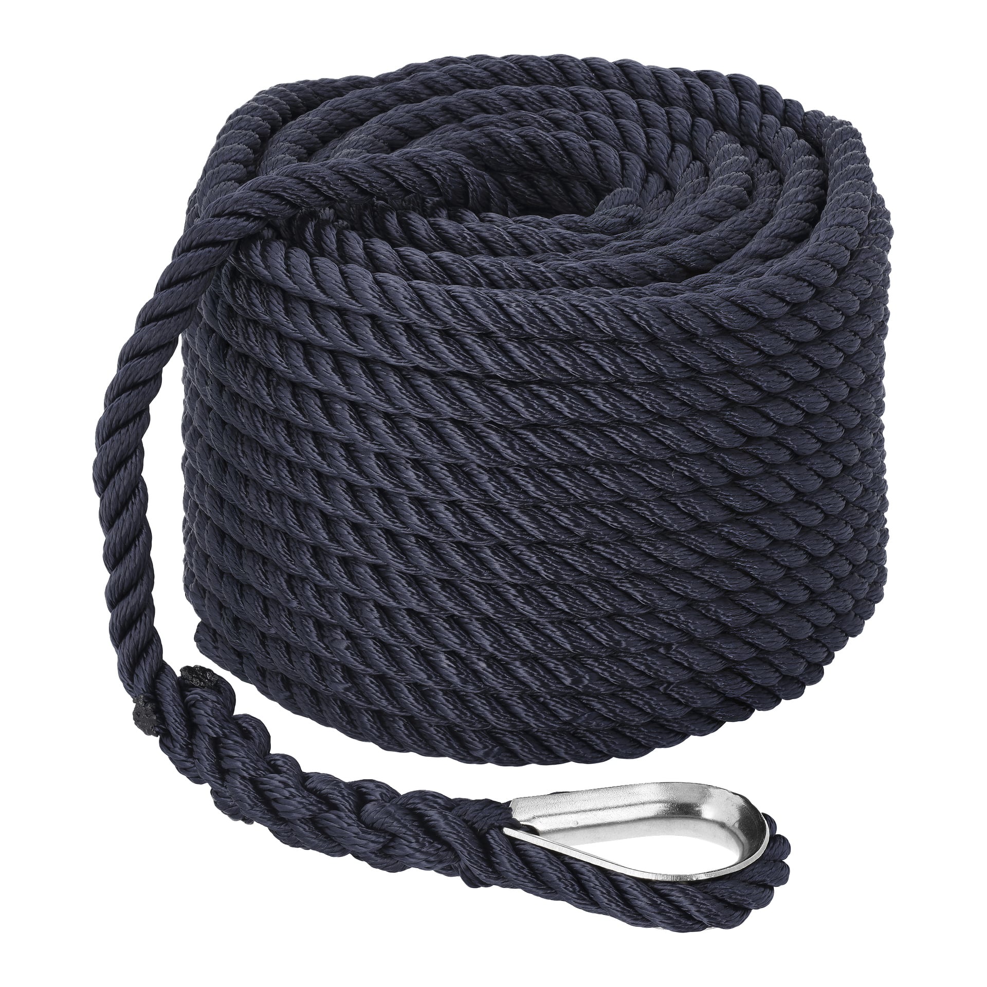 Ett hoprullat svart rep med en metallslinga i ena änden från Hamron Anchor-linan.