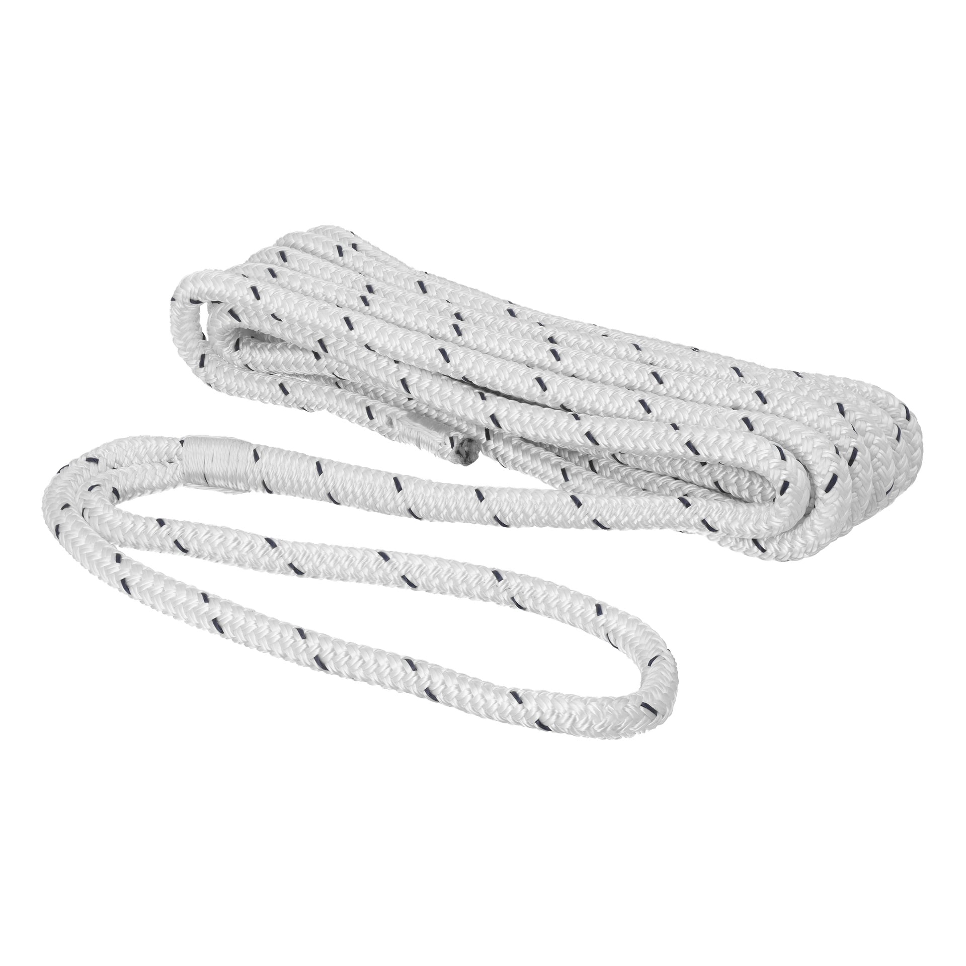 Ett Hamron Mooring-rep med en ringlad vit fläta och svarta diagonala ränder, med en skarvad ögla i ena änden.
