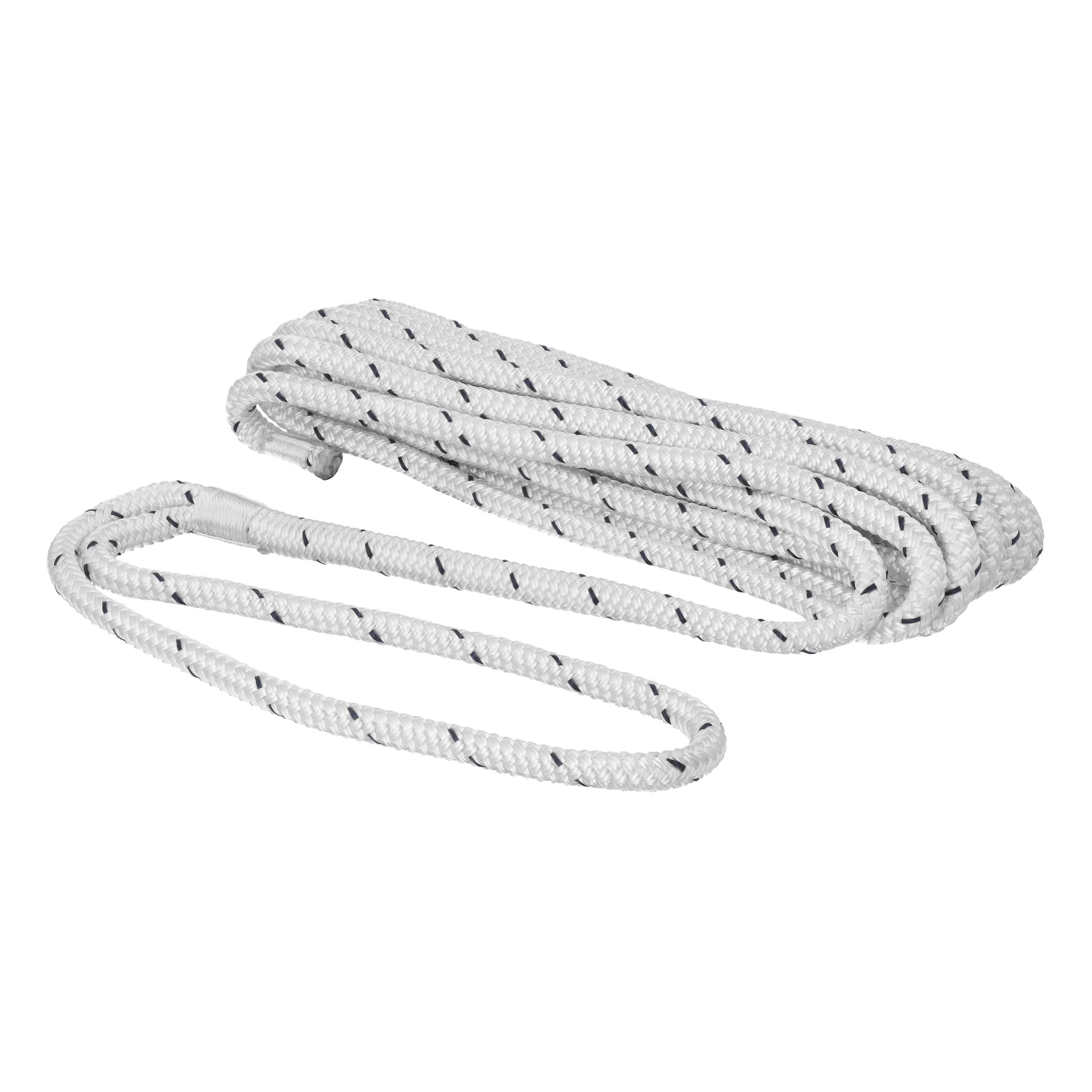 Ett ringlat Hamron-förtöjningsrep, vitt med svarta diagonala ränder, är prydligt arrangerat.