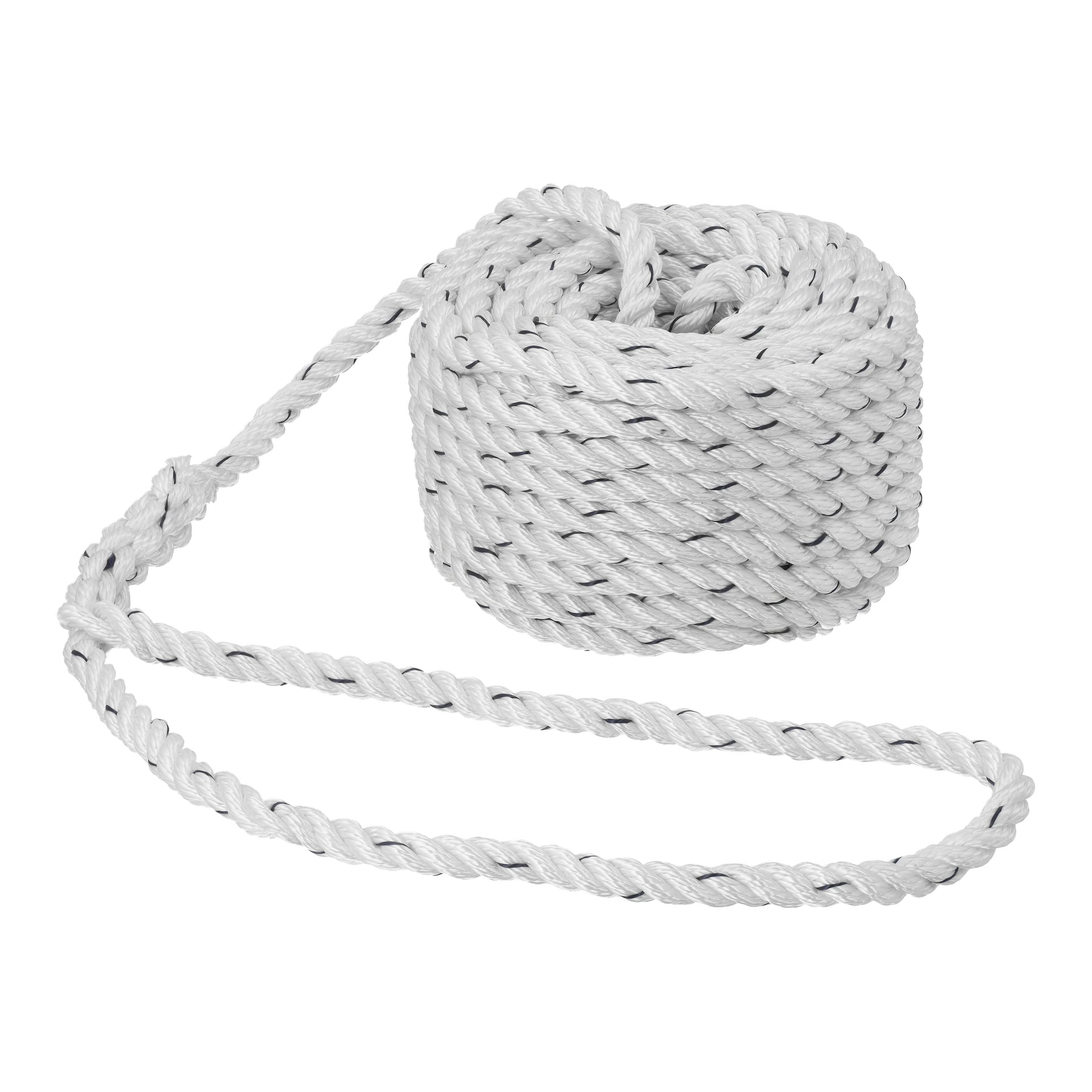 Ett ringlat Hamron Mooring-rep med en lös ände, vitt till färgen med svarta fläckar.