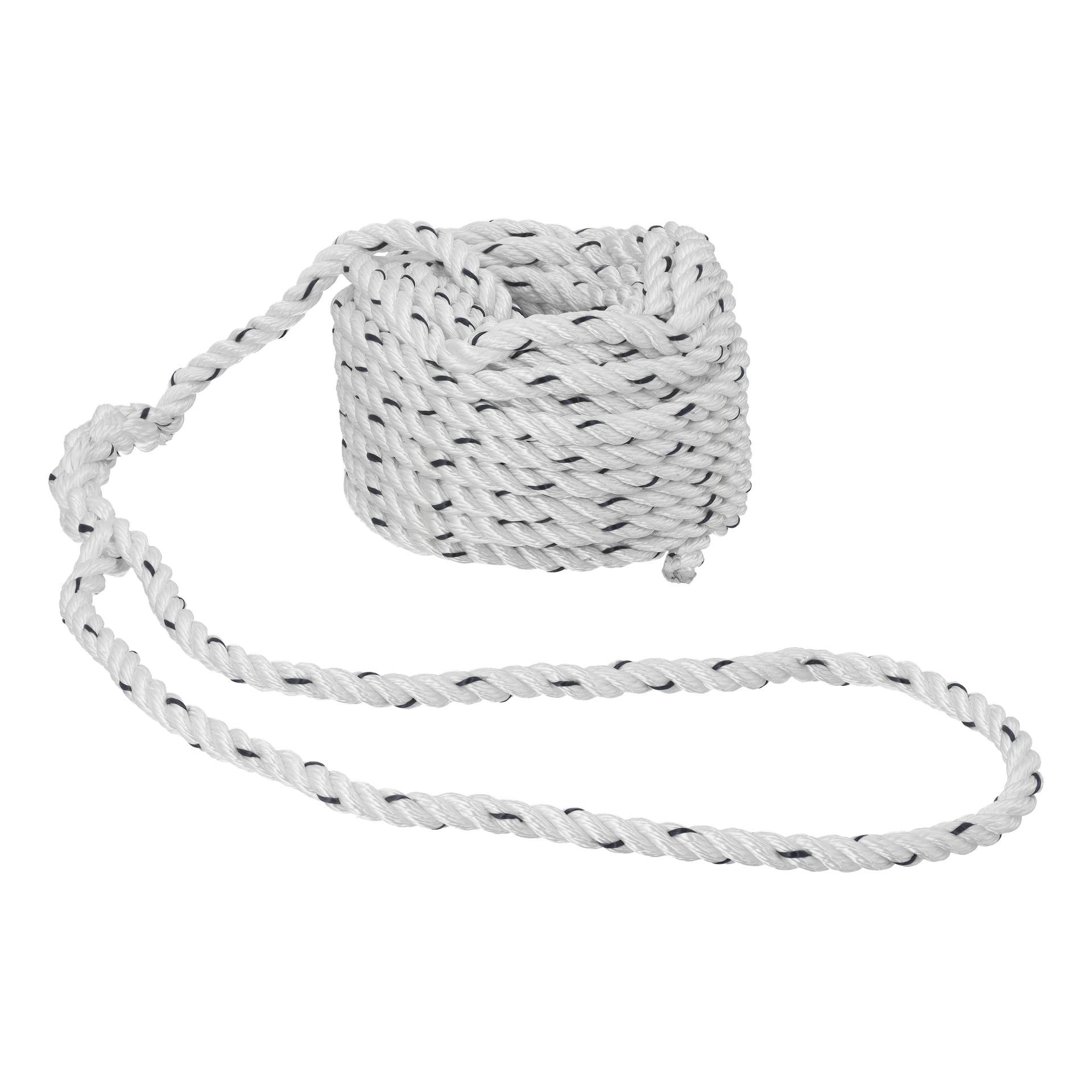 Ett Hamron Mooring-rep med en ringlad vit kropp, svarta prickar och en lös ögla i ena änden.