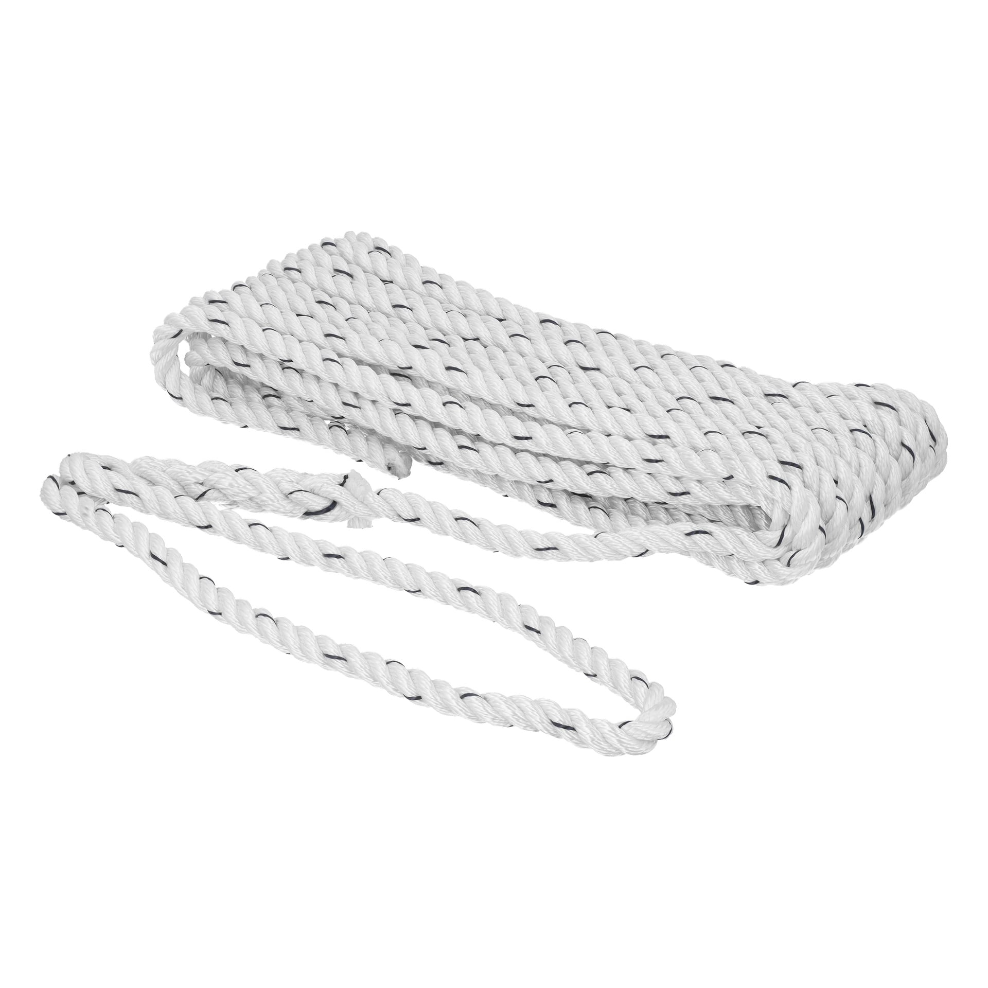 Ett ringlat Hamron Mooring Rope, vitt med svarta fläckar och en öglad ände, är prydligt arrangerat med ena änden synlig.