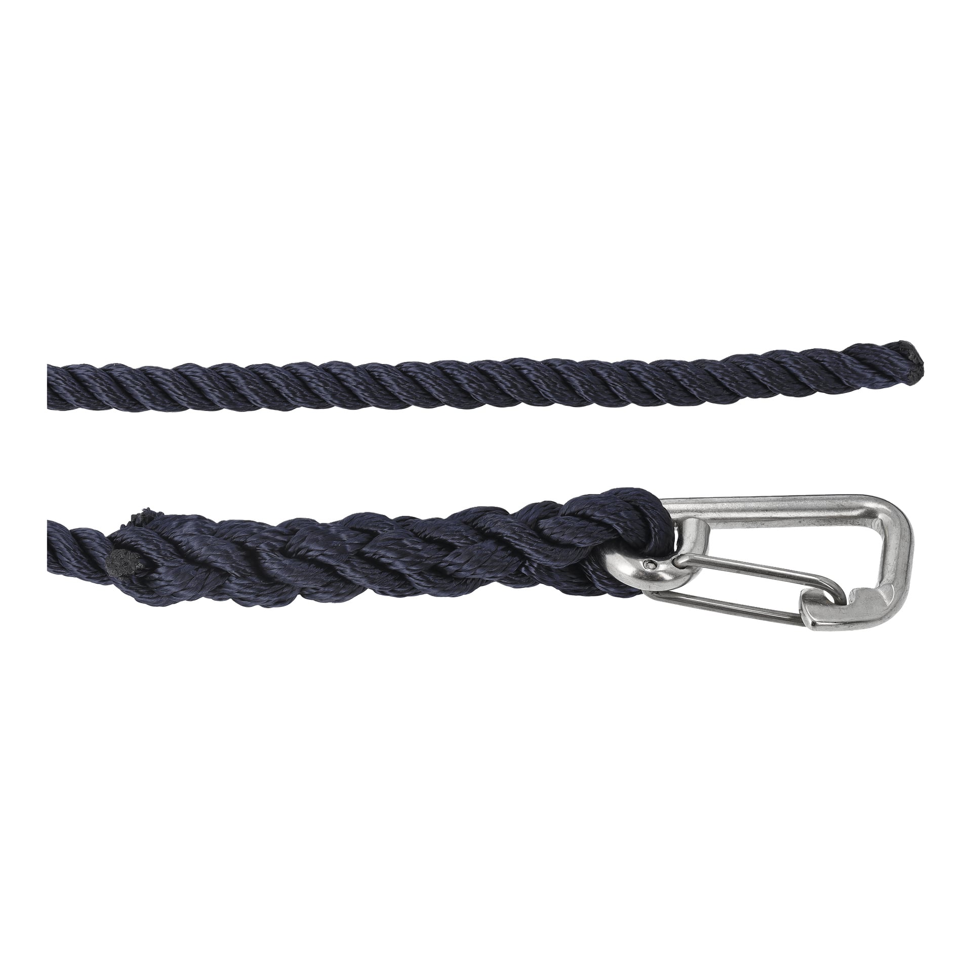 Hamron Mooring-repet har en spiralad marinblå look, med vriden topp, flätad botten och en metallkarbinhake i änden.