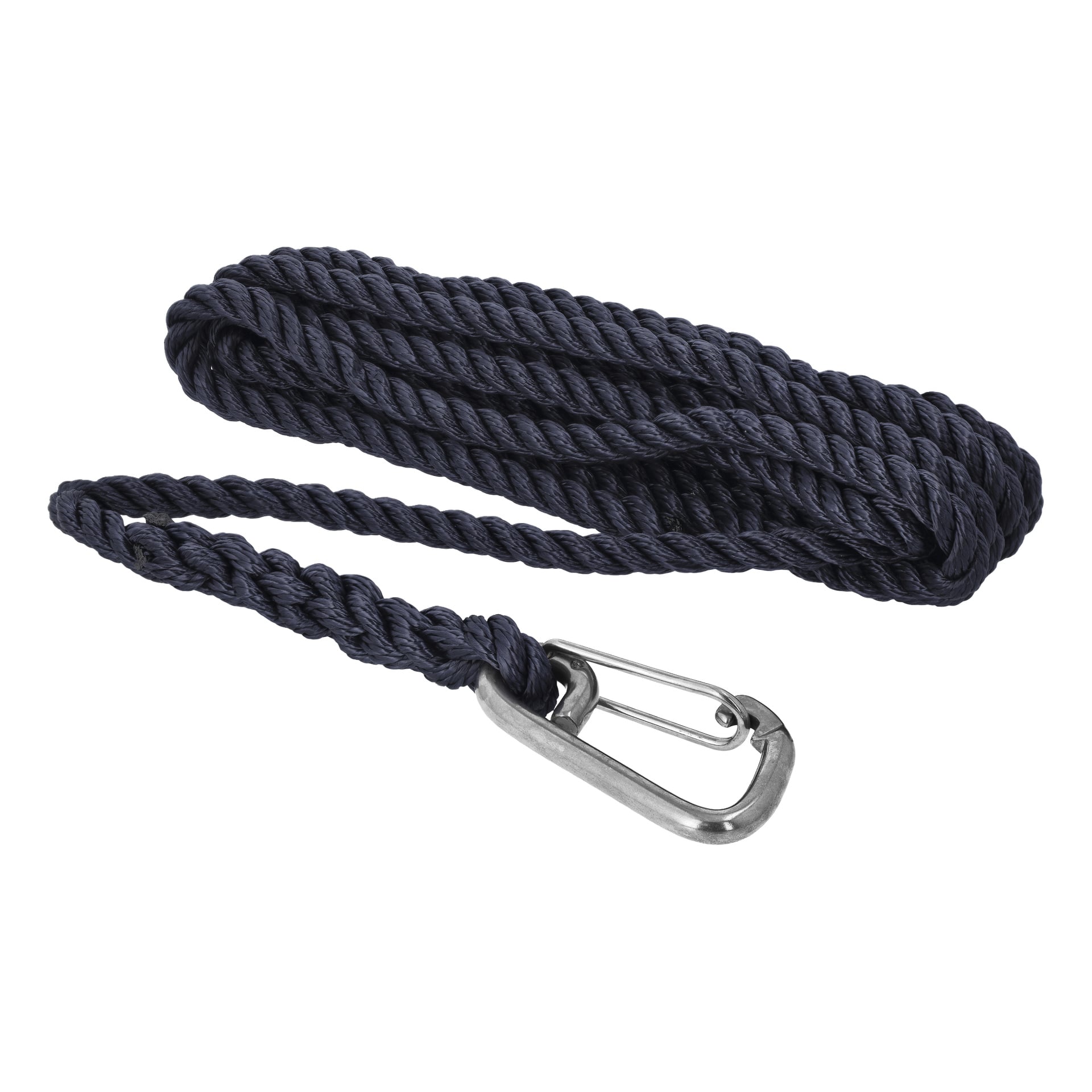 Hamron Mooring-repet är ett rullat svart tvinnat rep med en metallkarbinhake fäst i ena änden.