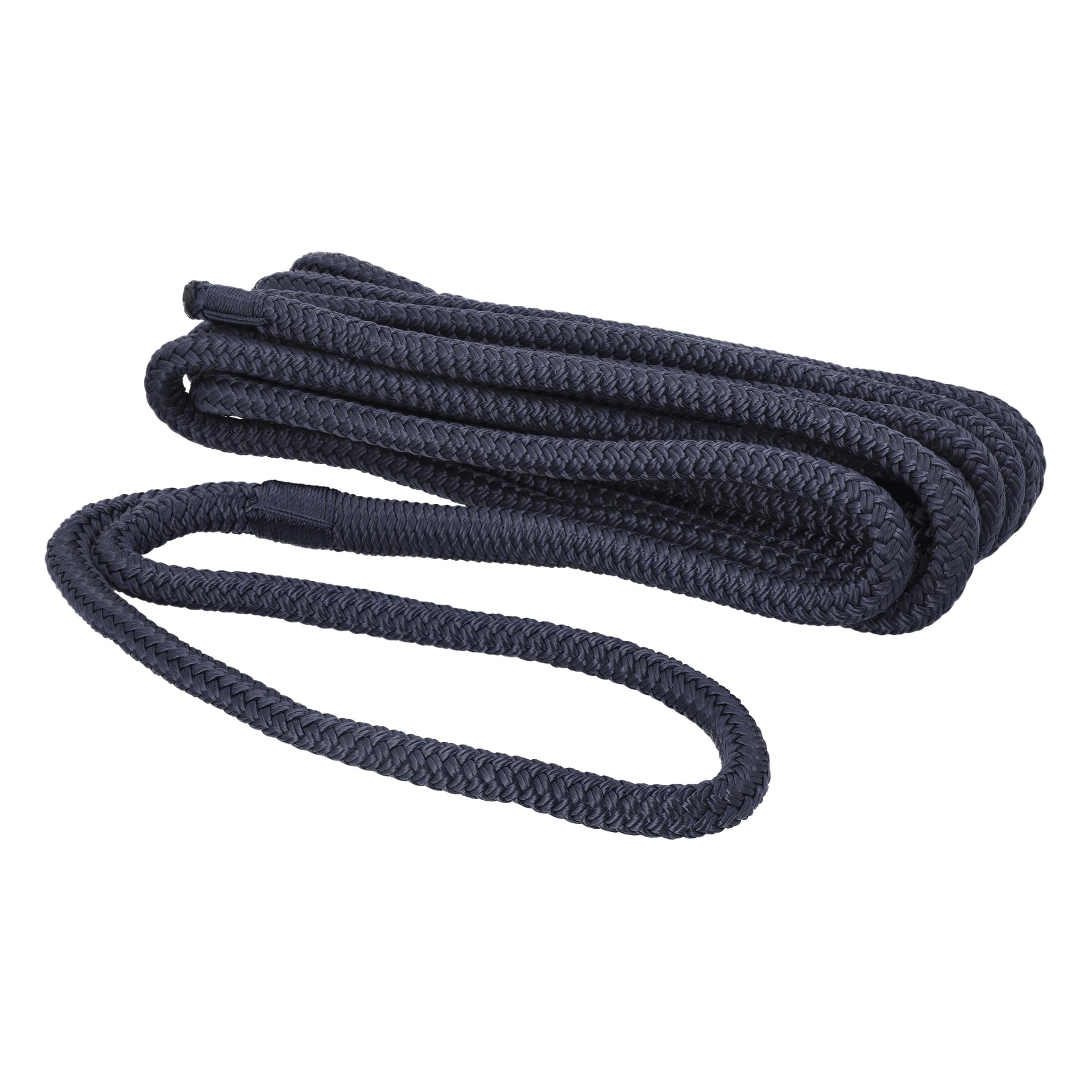 Hamron Mooring Rope, ett ringlat flätat svart rep med en öglad ände, visas upp.