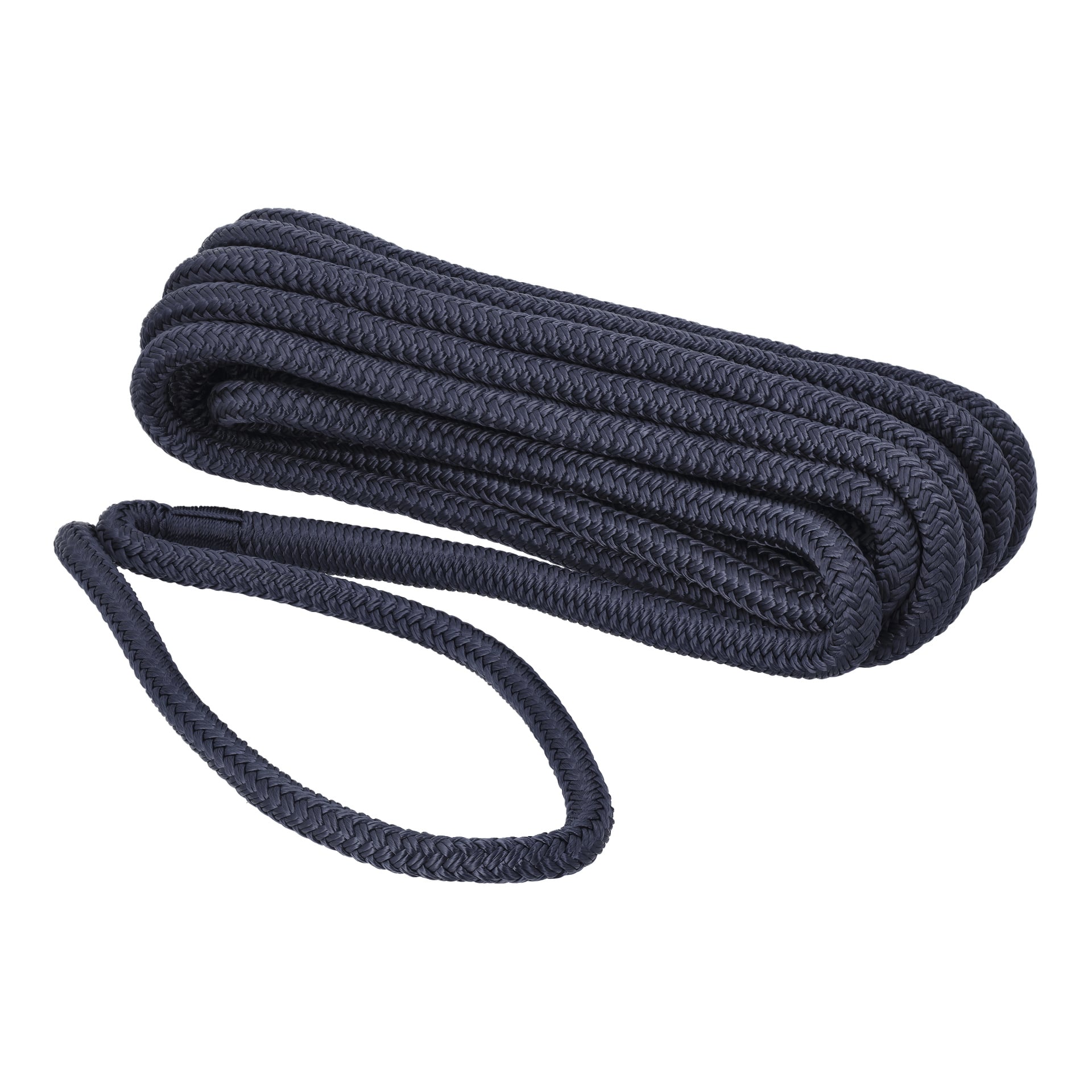 Ett ringlat svart flätat Hamron Mooring-rep med en ögla i ena änden.
