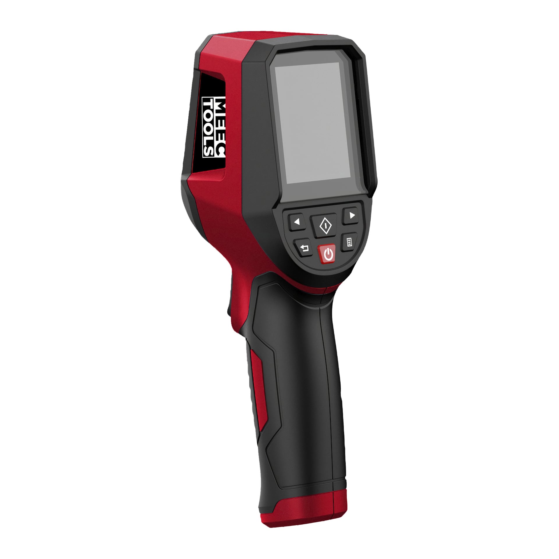 Håndholdt Meec Tools termisk kamera med stor skjerm, flere knapper og et ergonomisk rødt og svart grep. Merkenavn øverst.