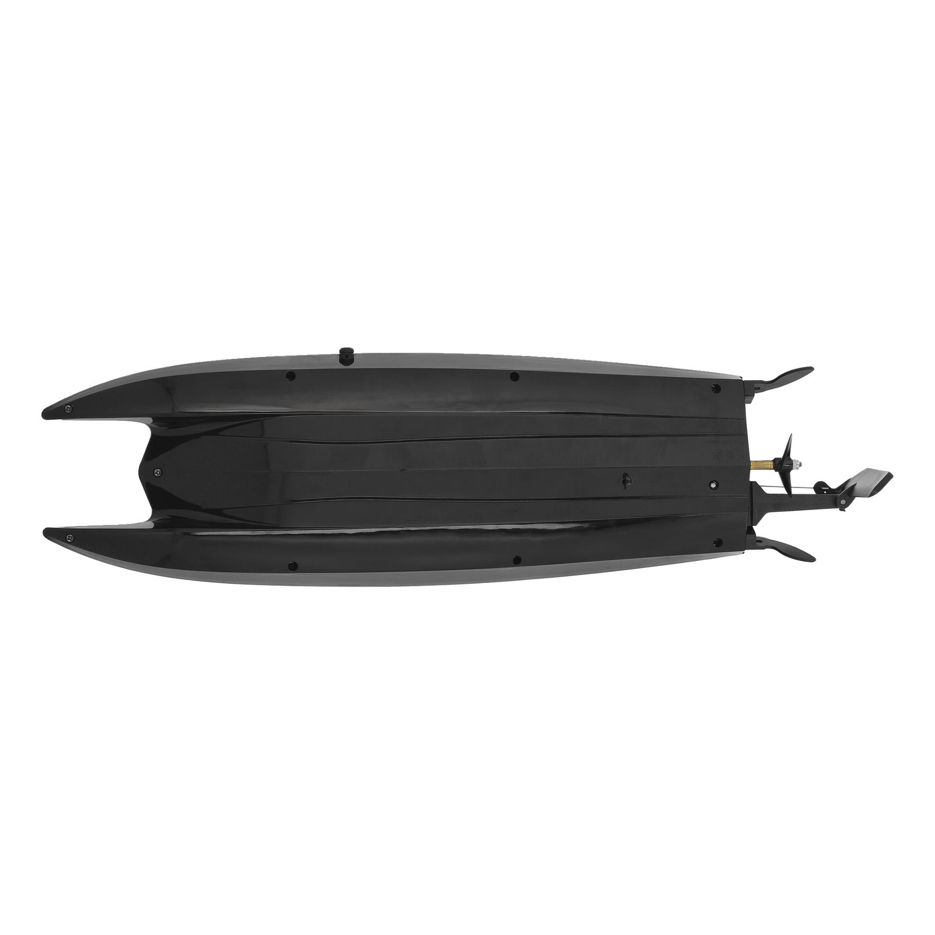 Ovanifrån visar Kayoba RC-båtens slanka svarta botten, dubbla bakfenor och exponerade propeller bak.