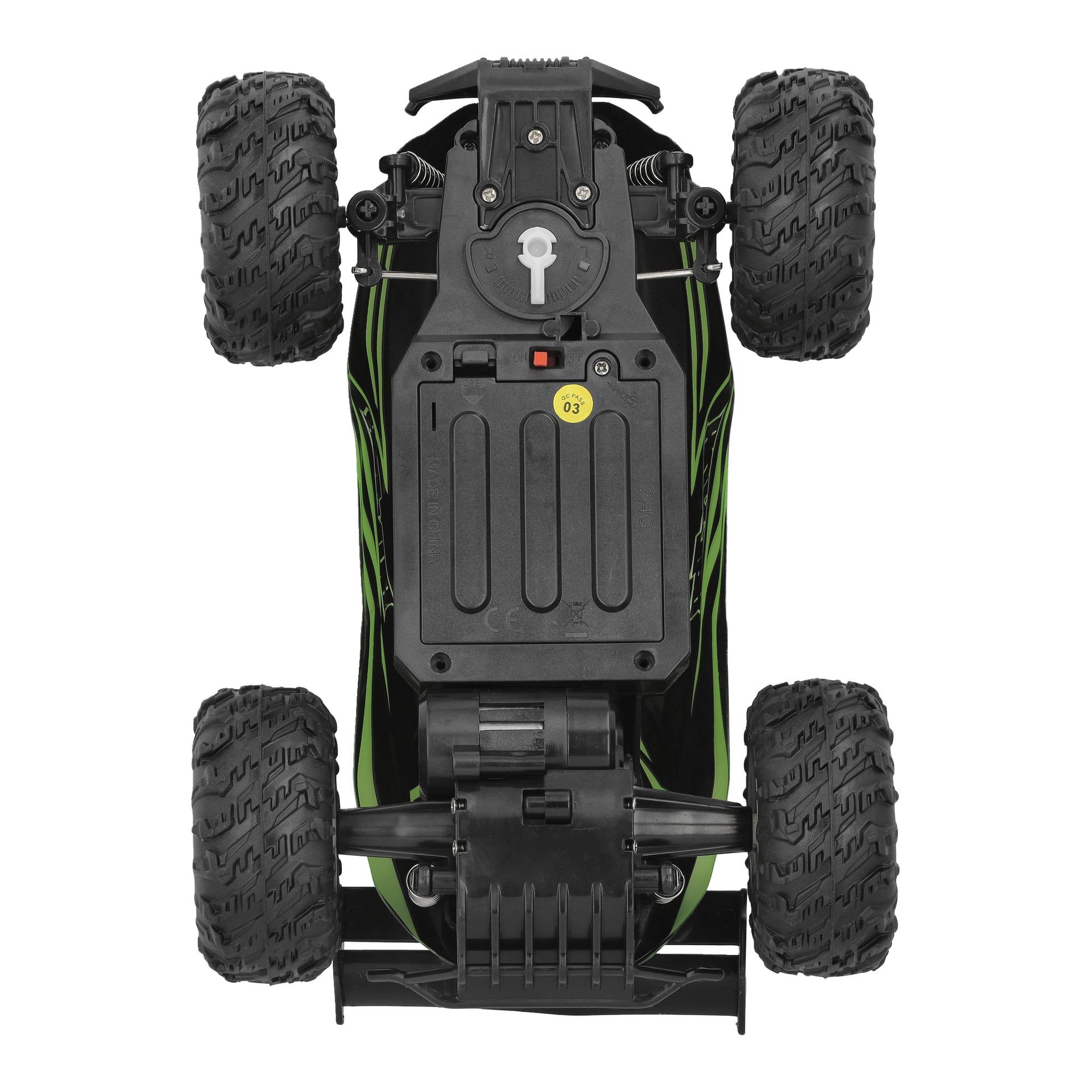 Draufsichtsaufnahme eines Kayoba-RC-Autos mit schwarz-grünen Farben, großen, robusten Reifen, Batteriefach, Schalter und Mechanismen.