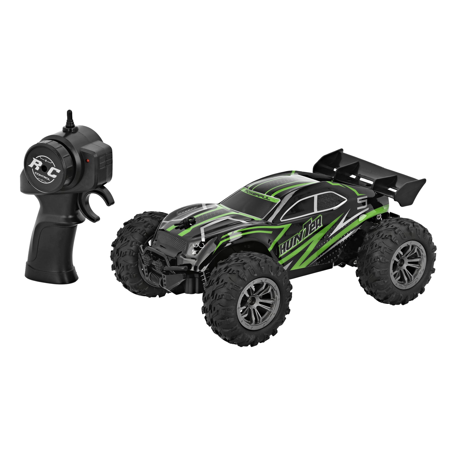 Ein schwarz-grüner Kayoba RC-Truck mit großen Reifen ist neben der schwarzen Fernbedienung ausgestellt. "HUNTER" ist auf der Seite des Trucks aufgedruckt.