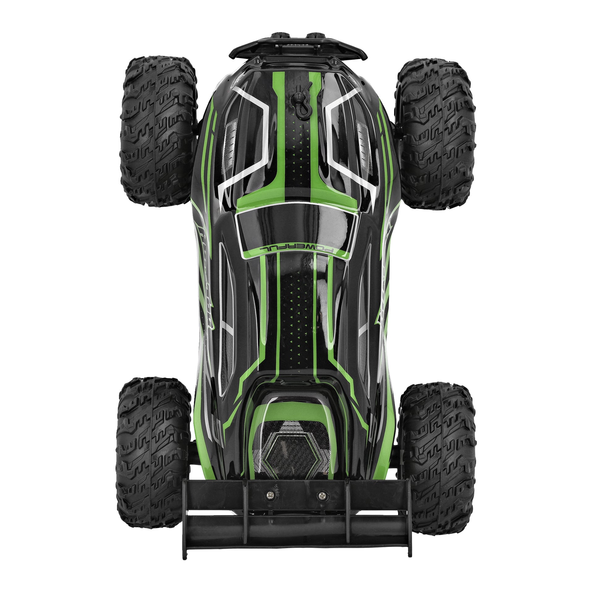 Vogelperspektive eines schwarz-grünen Kayoba RC-Autos mit großen, robusten Reifen und einer schlanken Karosserie, die von weißen und grünen Linien akzentuiert wird.