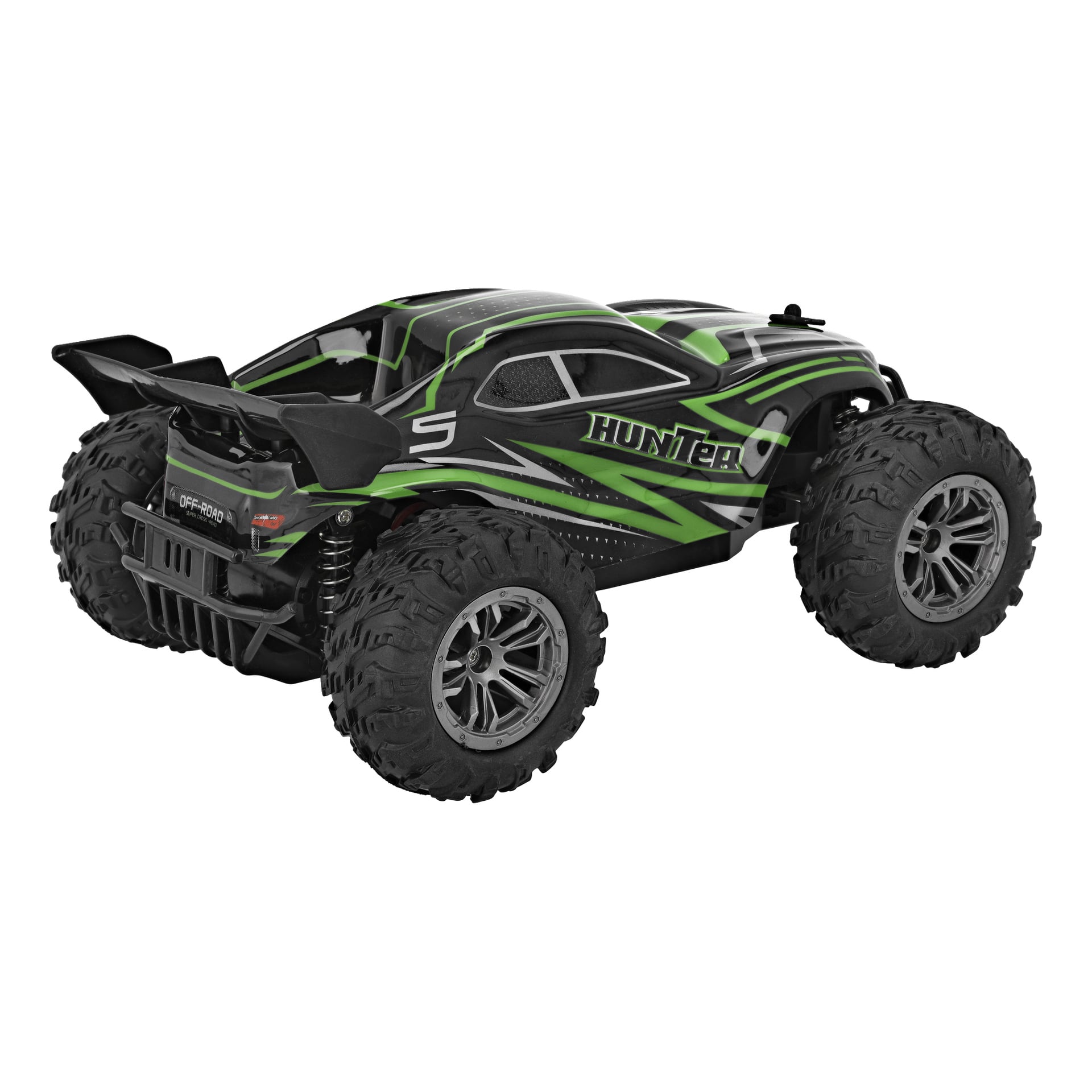 Ein schwarz-grüner Kayoba RC mit großen, robusten Reifen, sportlicher Grafik und "HUNTER" an der Seite, von hinten links betrachtet.