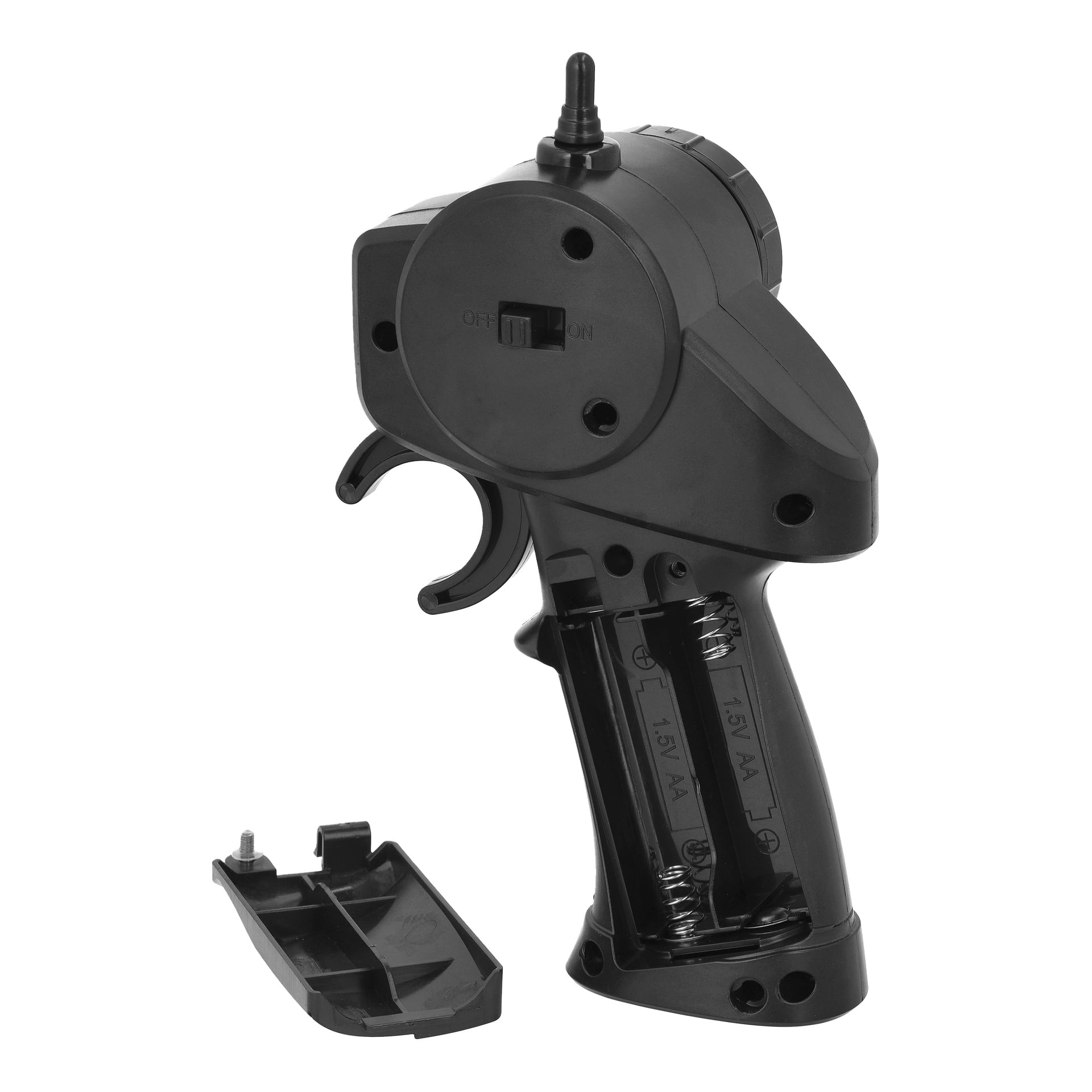 Eine schwarze Fernbedienung für ein Kayoba RC-Auto mit offenem Batteriefach, Abdeckung, Schraube, zwei AA-Steckplätzen und einem Aus-/Einschalter oben.