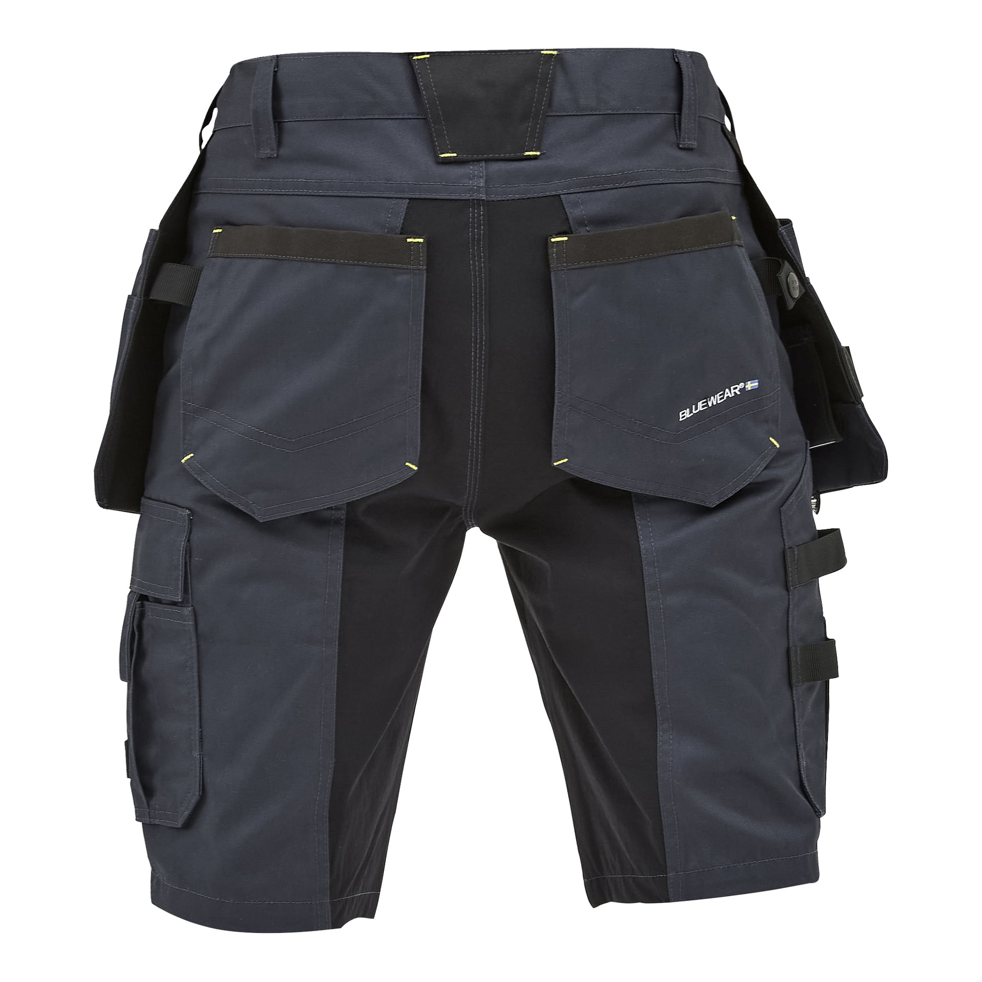 Bakside av blå-svarte Bluewear Rex herreshorts med flere lommer, verktøyløkker, forsterkede sømmer og et Bluewear-merke.