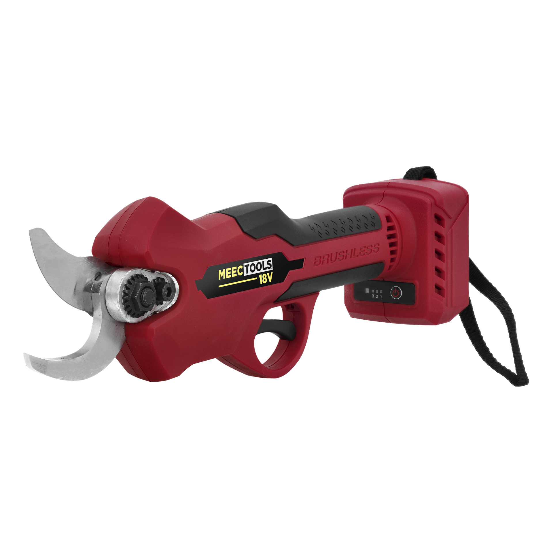 Röda sladdfria sekatörer märkta Meec Tools Multiseries SE-18V HOME 500, med svart handtag, avtryckare, silverblad och handledsrem.