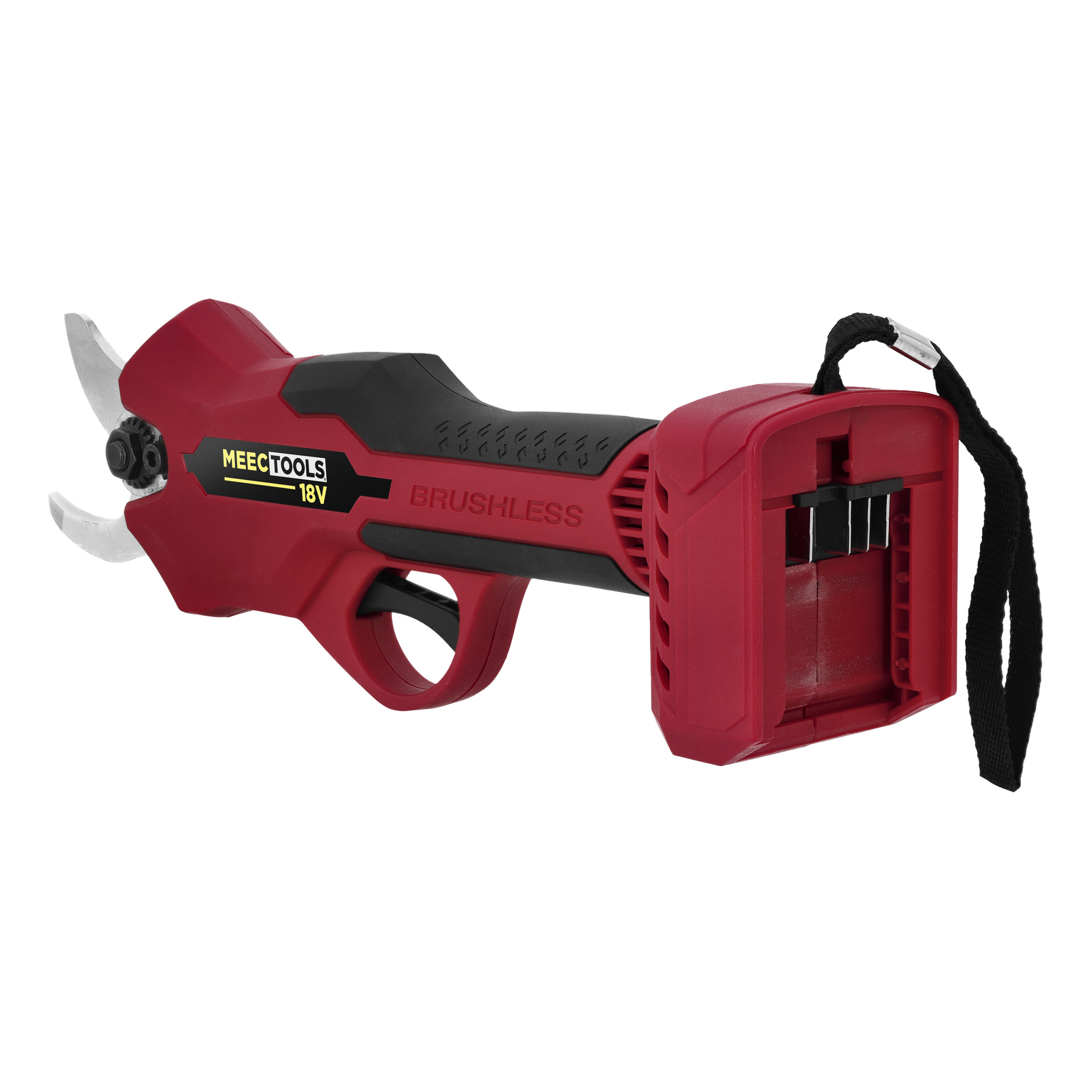 Röd och svart Meec Tools Multiseries sladdfria sekatör SE-18V HOME 500, svart rem, öppen batteriplats, ingen sladd ansluten.