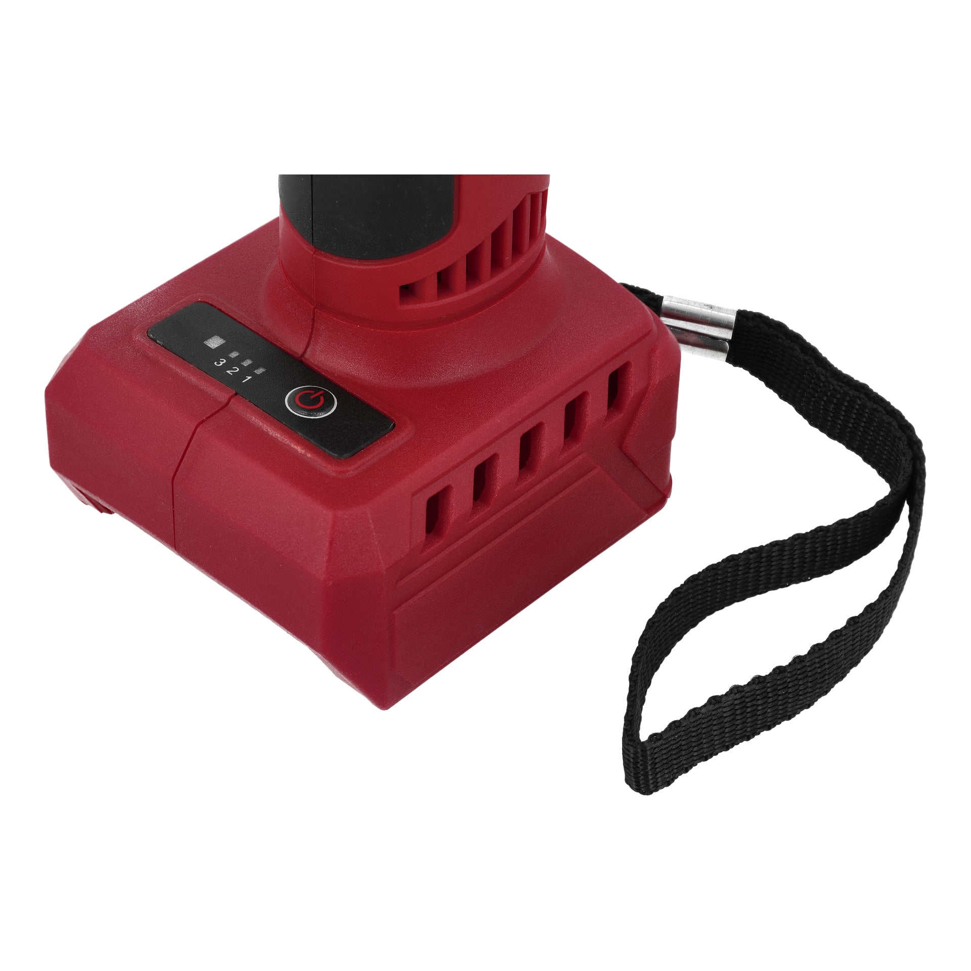 Närbild på basen på Meec Tools Multiseries Battery secateurs SE-18V HOME 500, med svart handledsrem, strömbrytare och indikatorlampor 1 till 3.