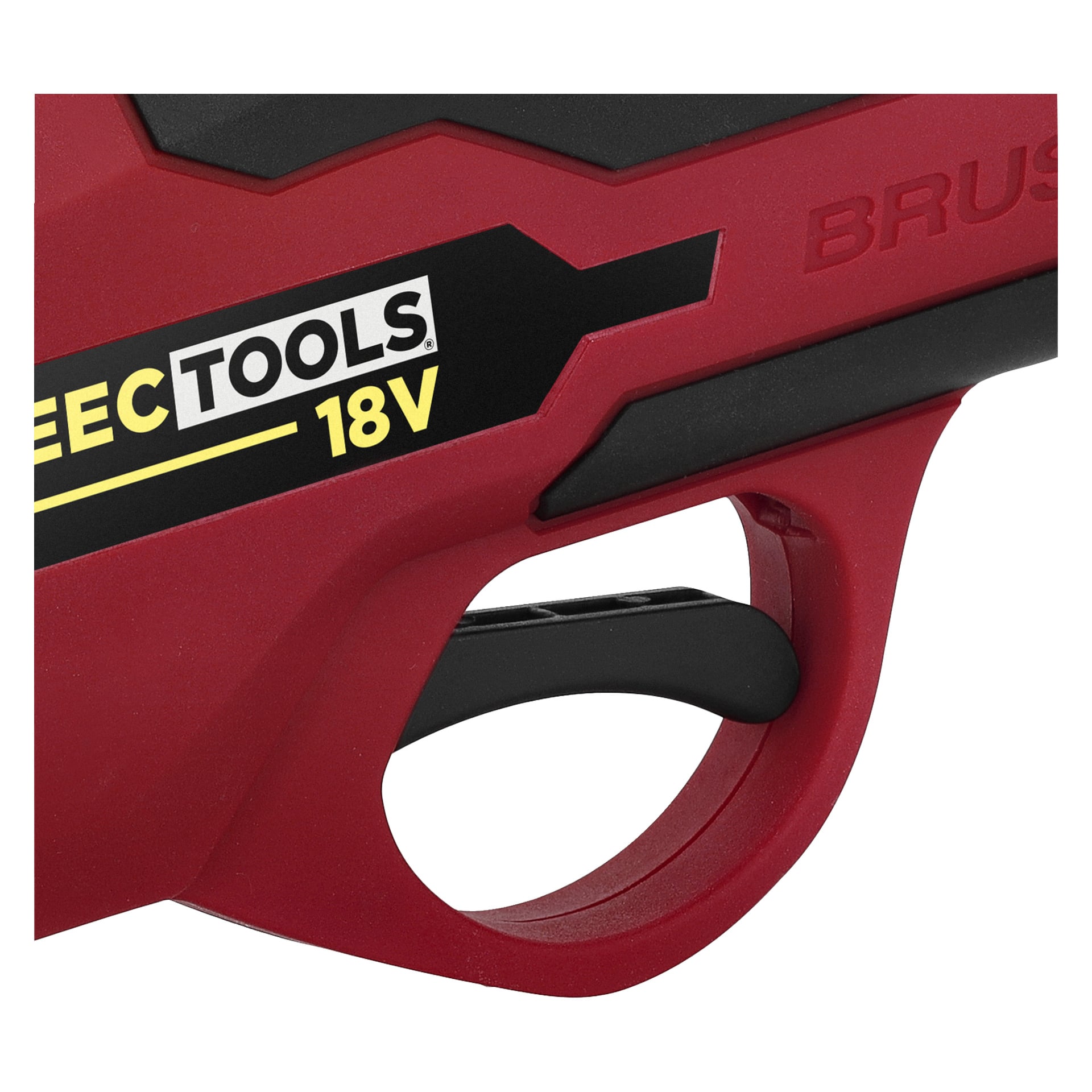 Närbild på ett rött och svart handtag med fingeravtryckare och "Meec Tools Multiseries SE-18V HOME 500"-etikett, som visar sekatörer.