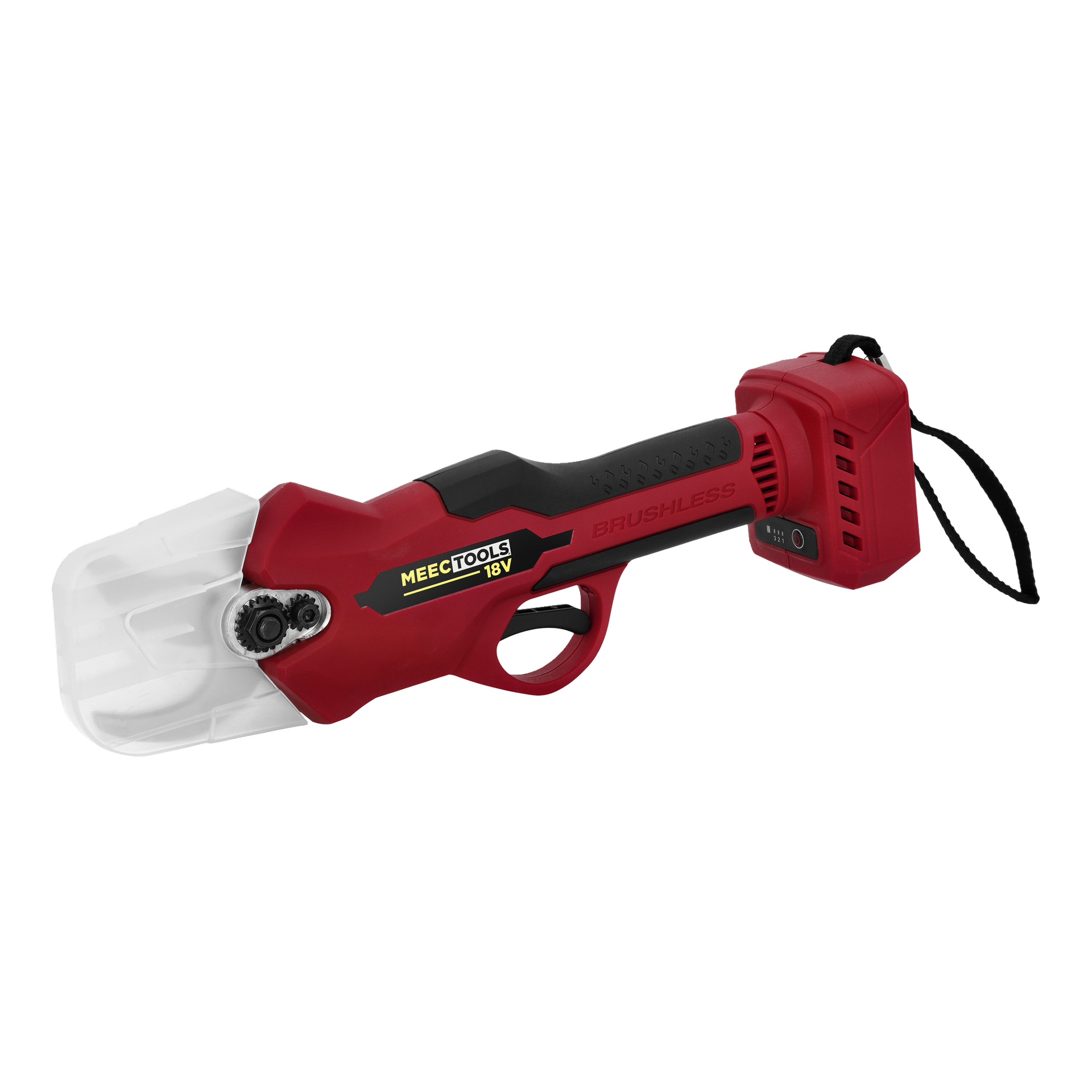 Röda och svarta Meec Tools SE-18V HOME 500 batterisekatörer med genomskinlig bladskydd, synlig kedja, sidoetikett, handledsrem och knapp.