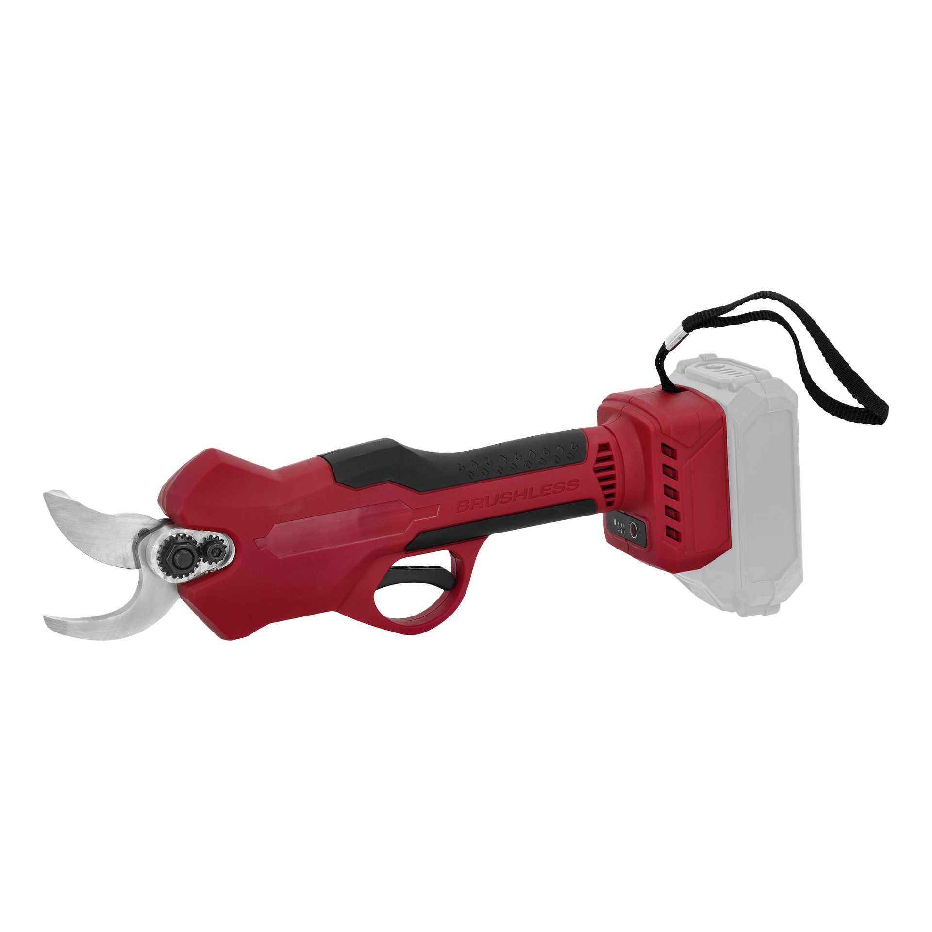 Röd och svart sladdlös Meec Tools SE-18V HOME 500 sekatör, silverblad, "BRUSHLESS" grepp, bakbatteri, handledsrem.