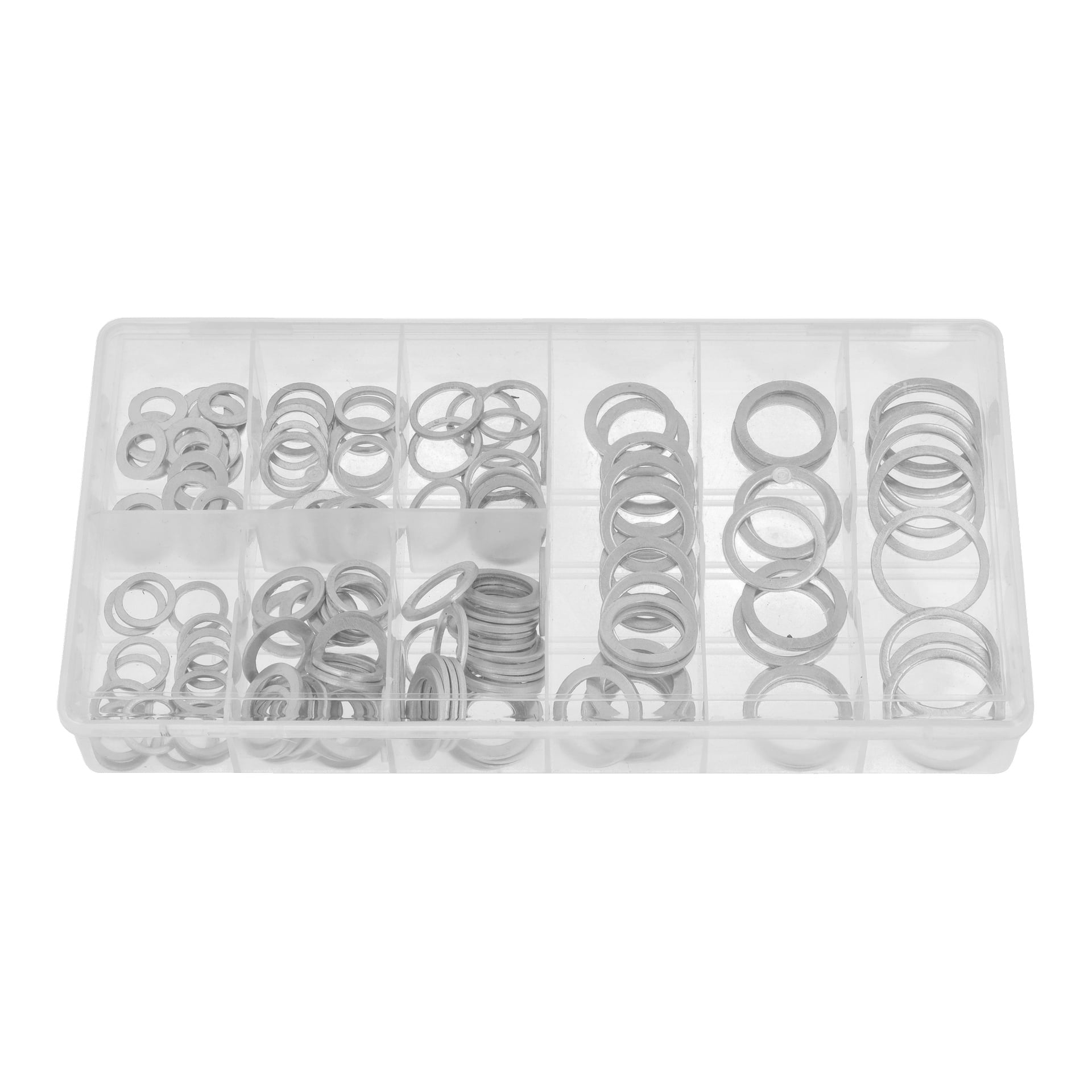 Hamron Aluminium Washer Set, 160 delar, organiserat efter storlek i en genomskinlig plastlåda med flera fack.