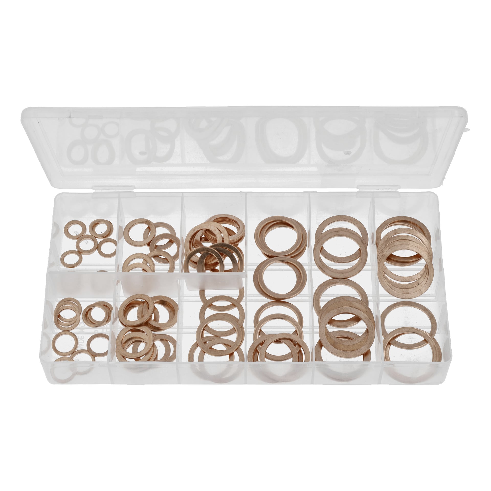 Ett set med 90 olika kopparbrickor i flera storlekar, arrangerade i en genomskinlig plastlåda med locket öppet.