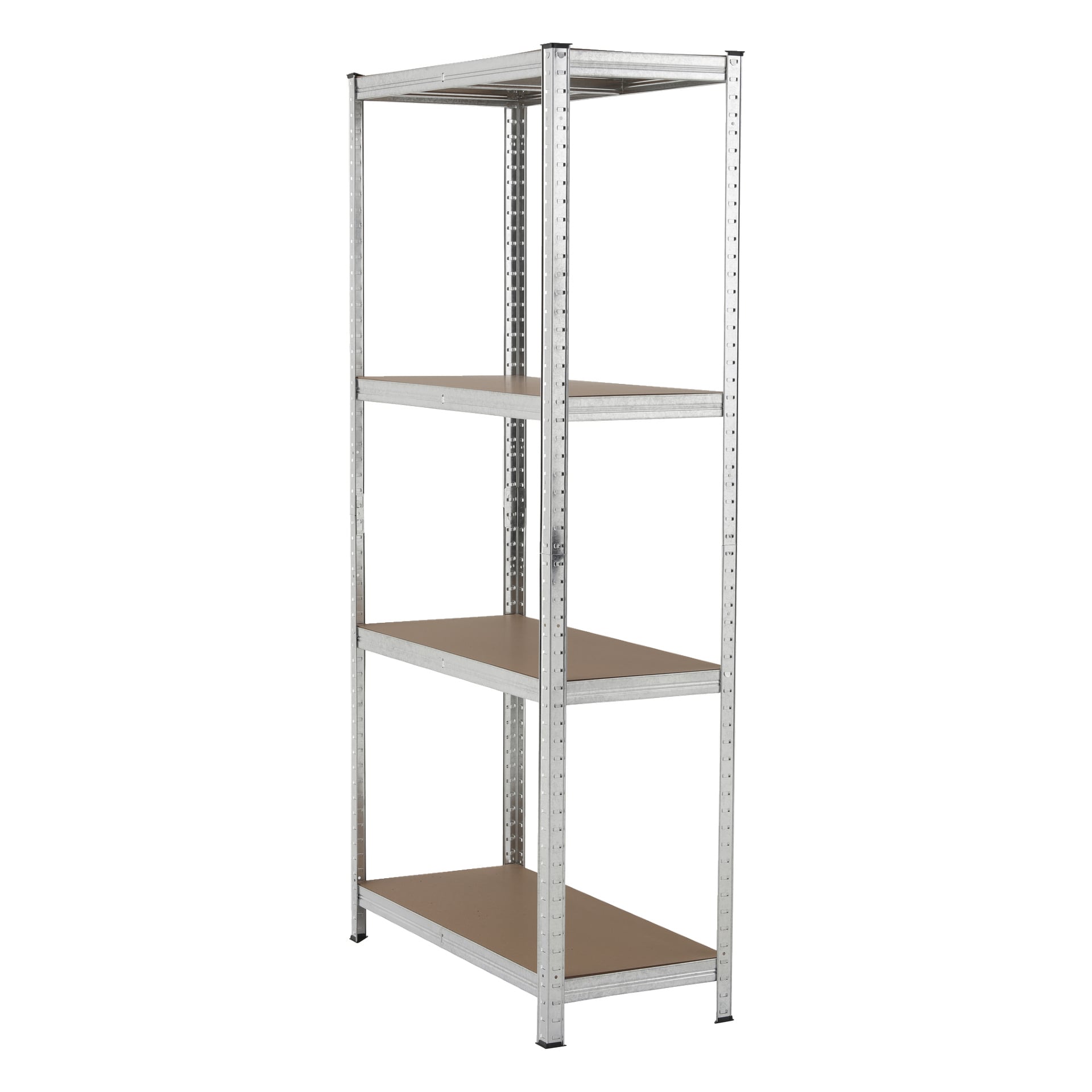 Hard Head Storage-enheten er et høyt metallhyllesystem med fire brune trehyller og en sølvramme som står oppreist.