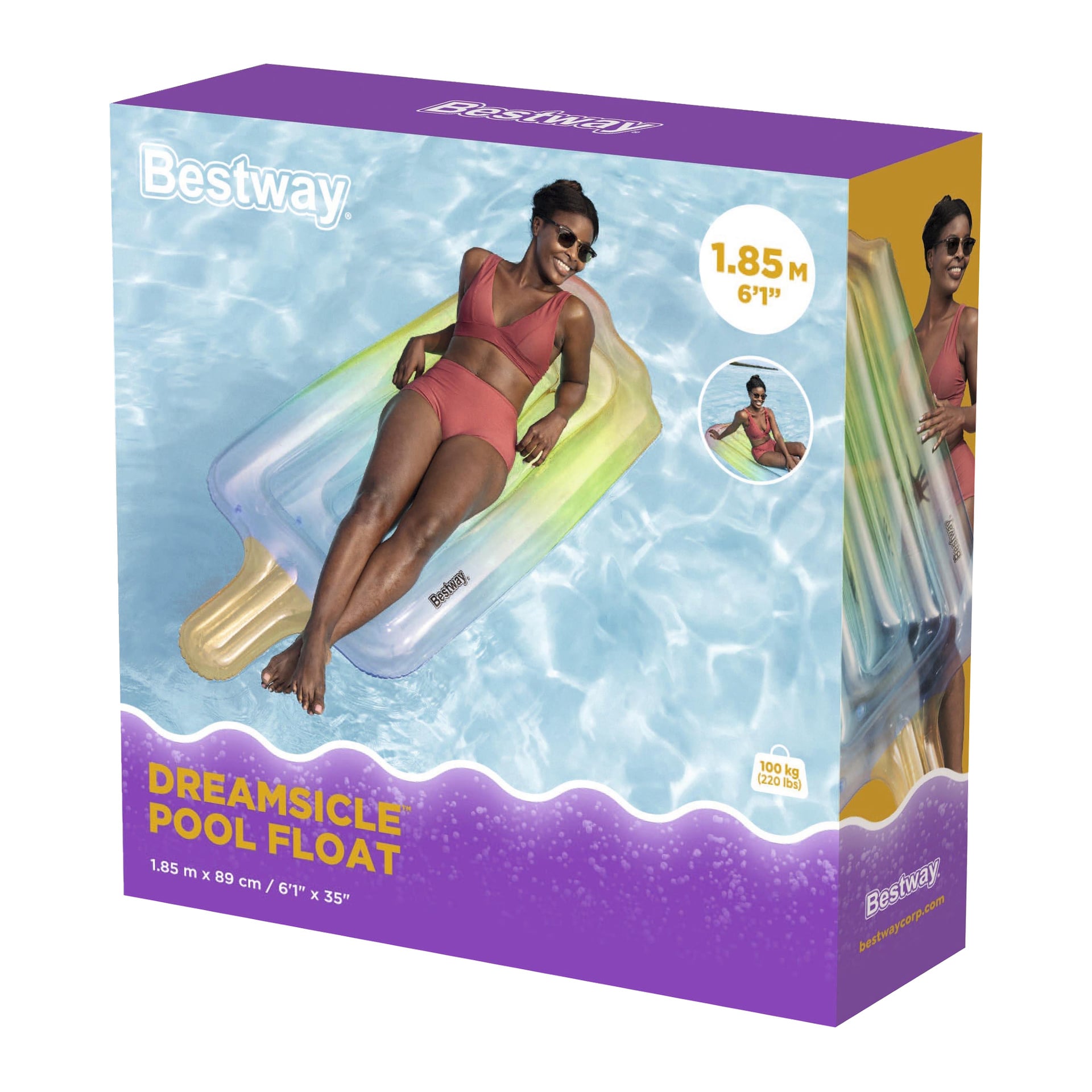 En kvinna med solglasögon och rosa baddräkt ligger på Bestway Sun Lounger poolflottör, som bär upp till 100 kg och är 1,85 m lång.