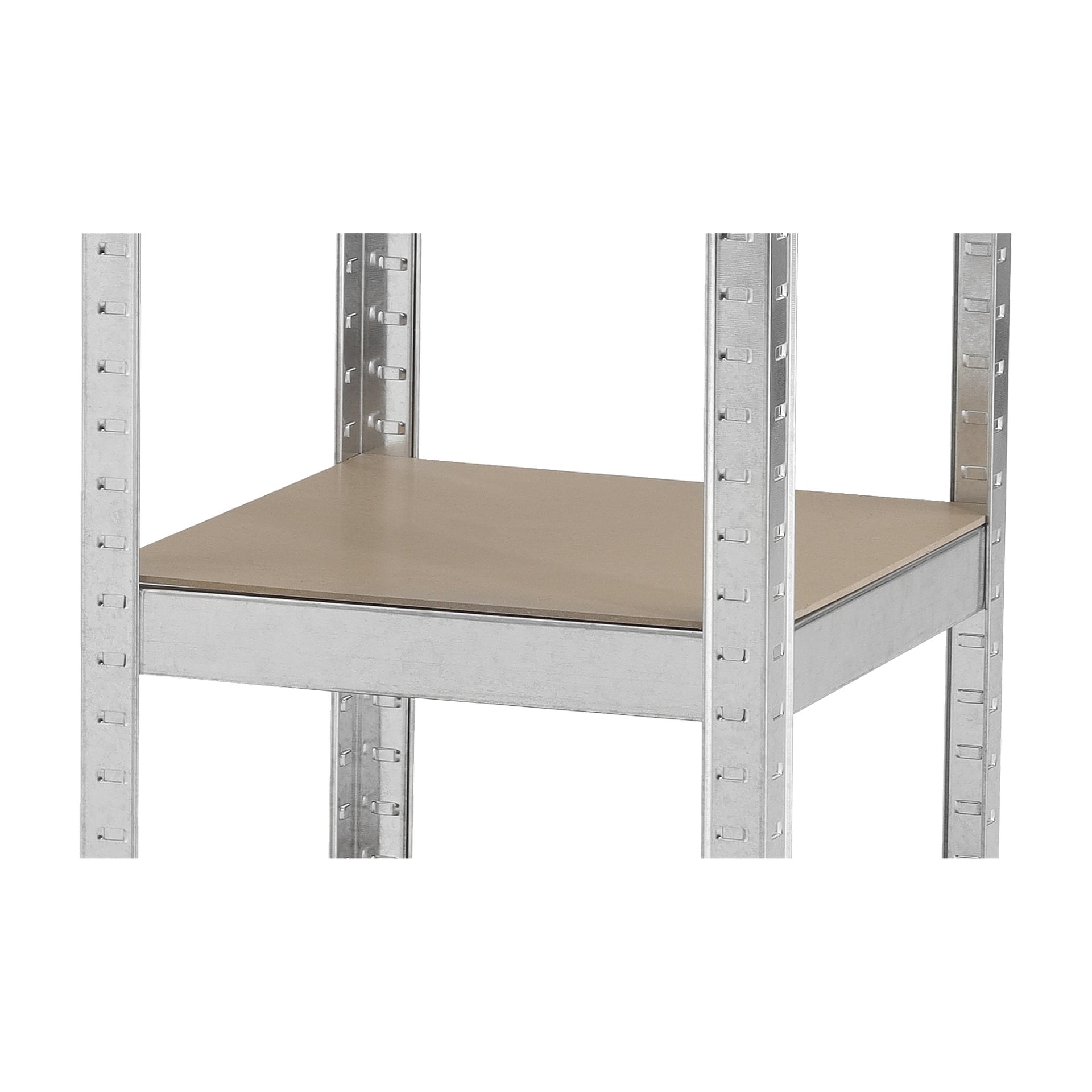 Närbild av Hard Head Storage unit med en enda platt trähylla hållen av fyra vertikala metallramar, tomma på föremål.