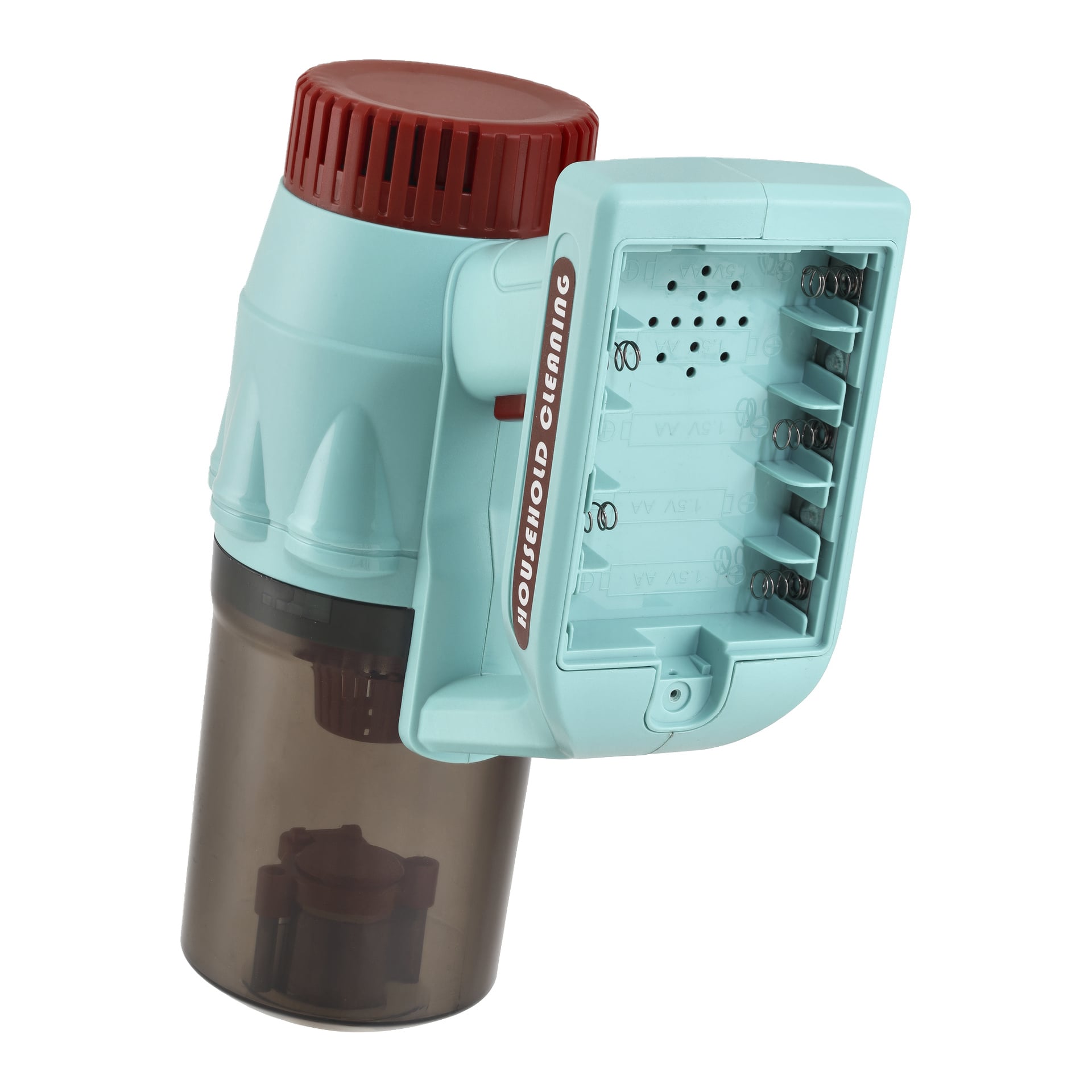 En teal Kayoba leksaksdammsugare med en genomskinlig dammbehållare, rött ventilerat lock, öppen batteriplats och en HUSHÅLLSRENGÖRINGSETIKETT på sidan.