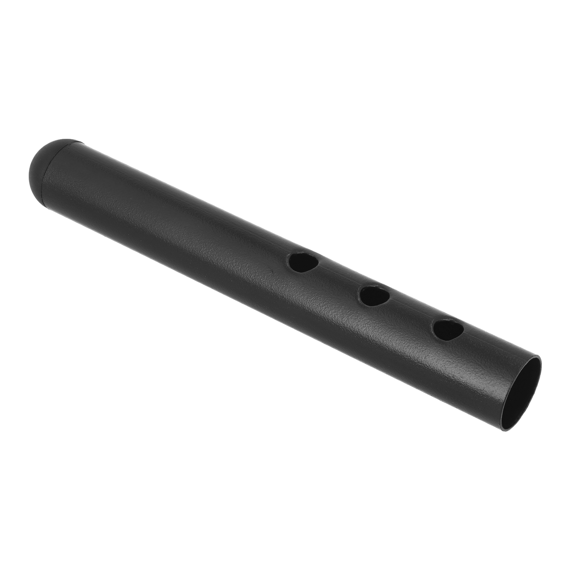 Change-pipe-lyxpaviljongen är en svart metallcylinder med fyra jämnt fördelade cirkulära hål längs sidan.