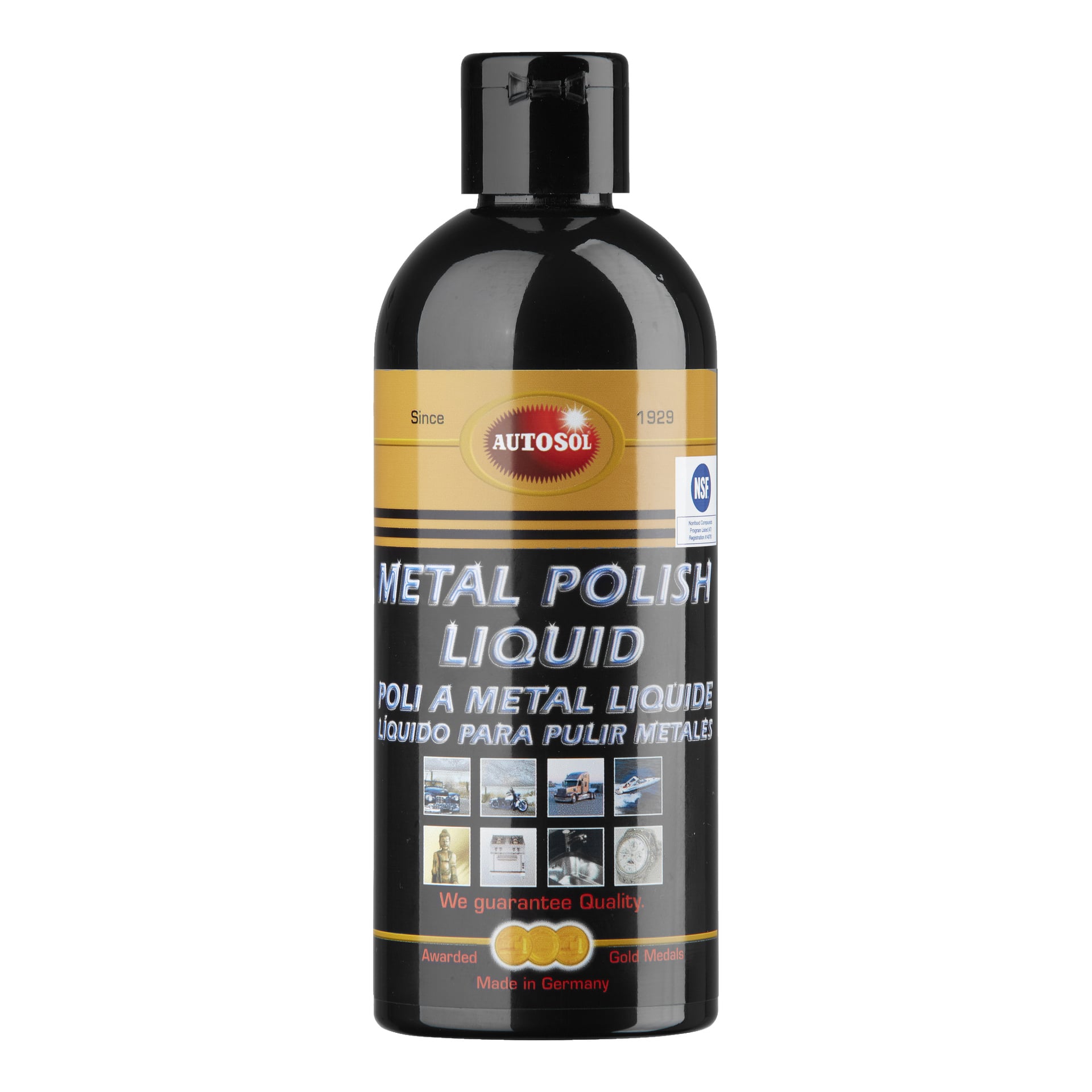 En svart flaske Autosol Metal Polish Liquid, merket med tekst, bilder av polerte gjenstander, gullmedaljer og uttrykket «Made in Germany».