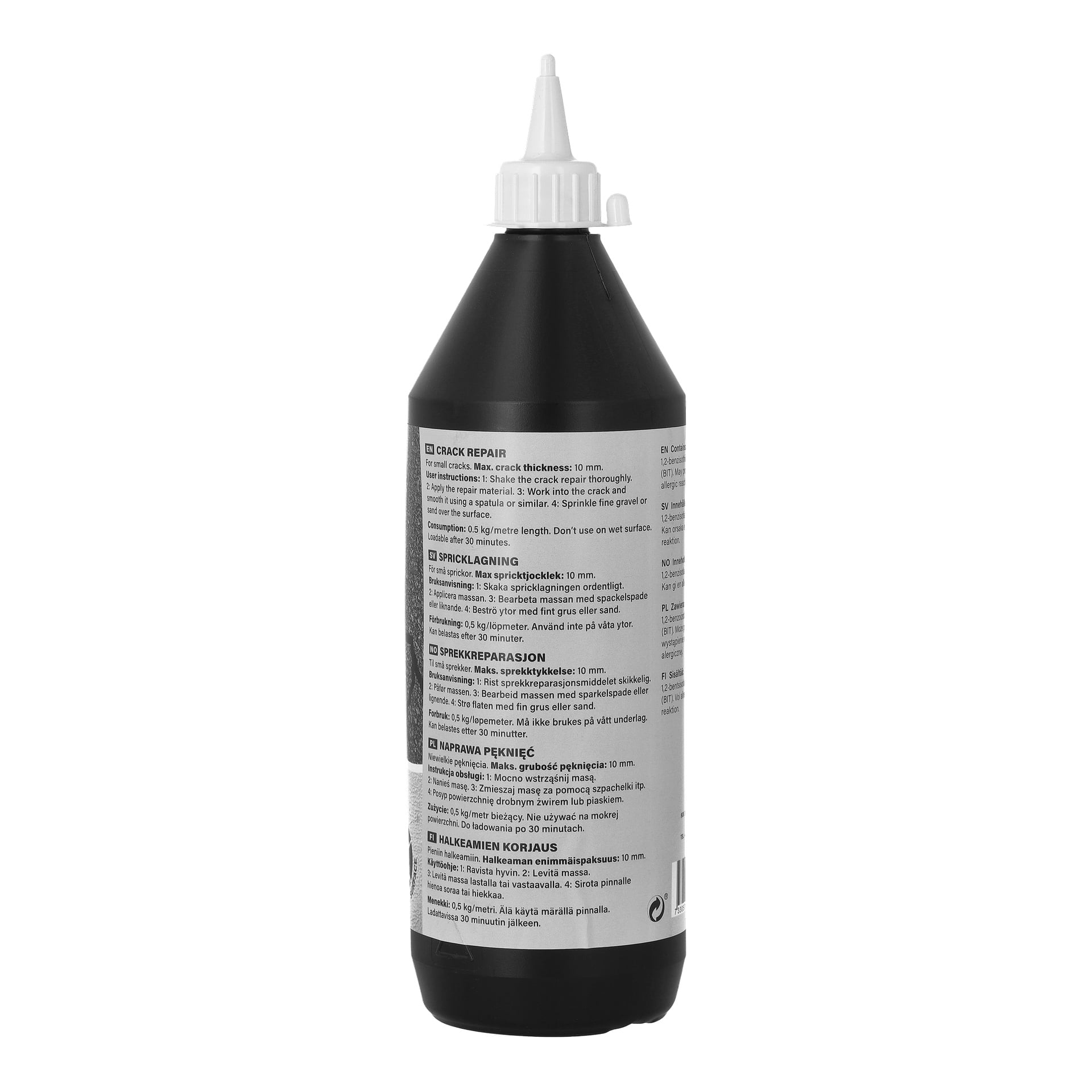 En svart plastflaska med Hard Head Crack Repair med ett vitt munstycke och grå etikett som visar sprickreparationssteg och torktider.