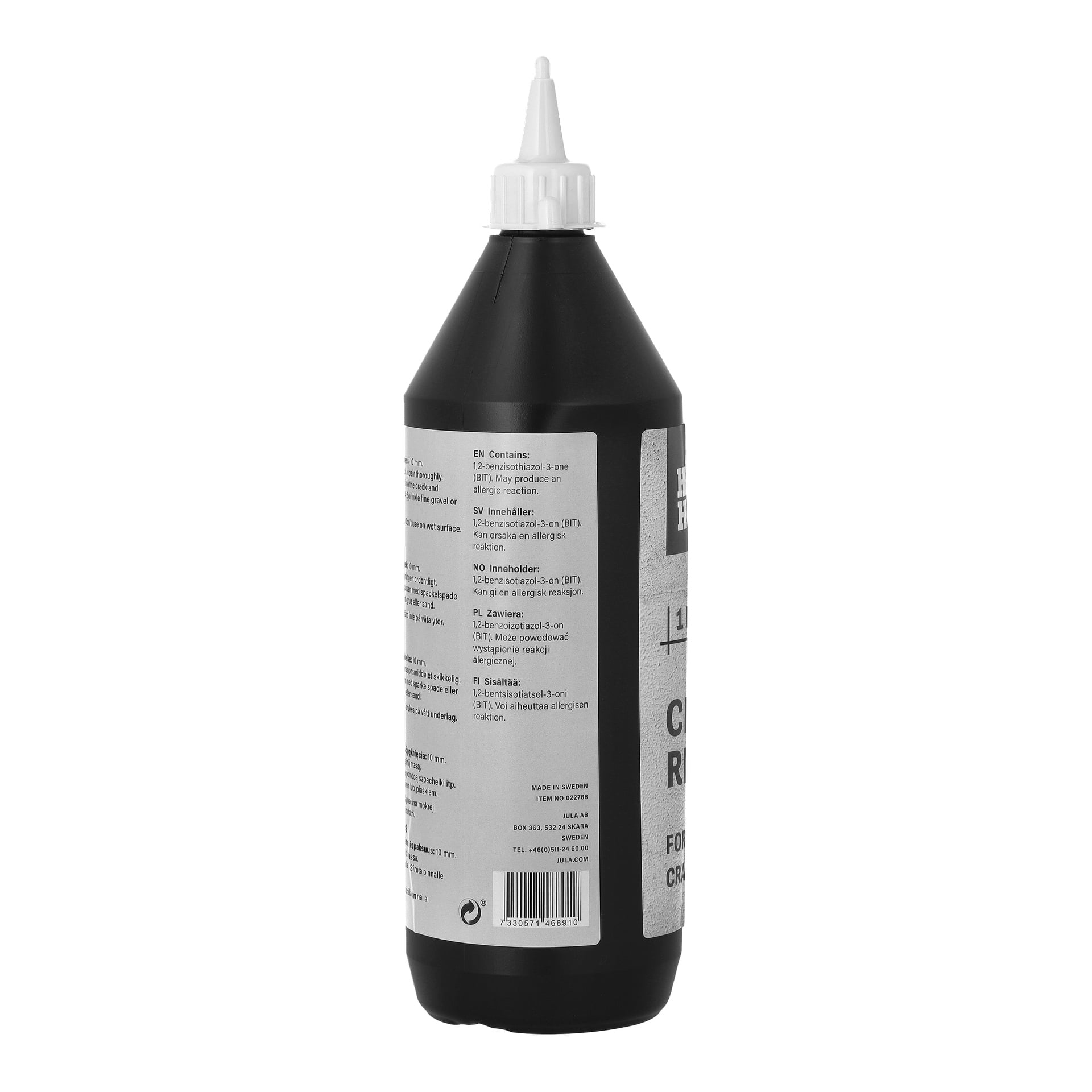 En svart plastflaska med Hard Head Crack Repair med vitspetsigt munstycke och en etikett med ingredienser och instruktioner.