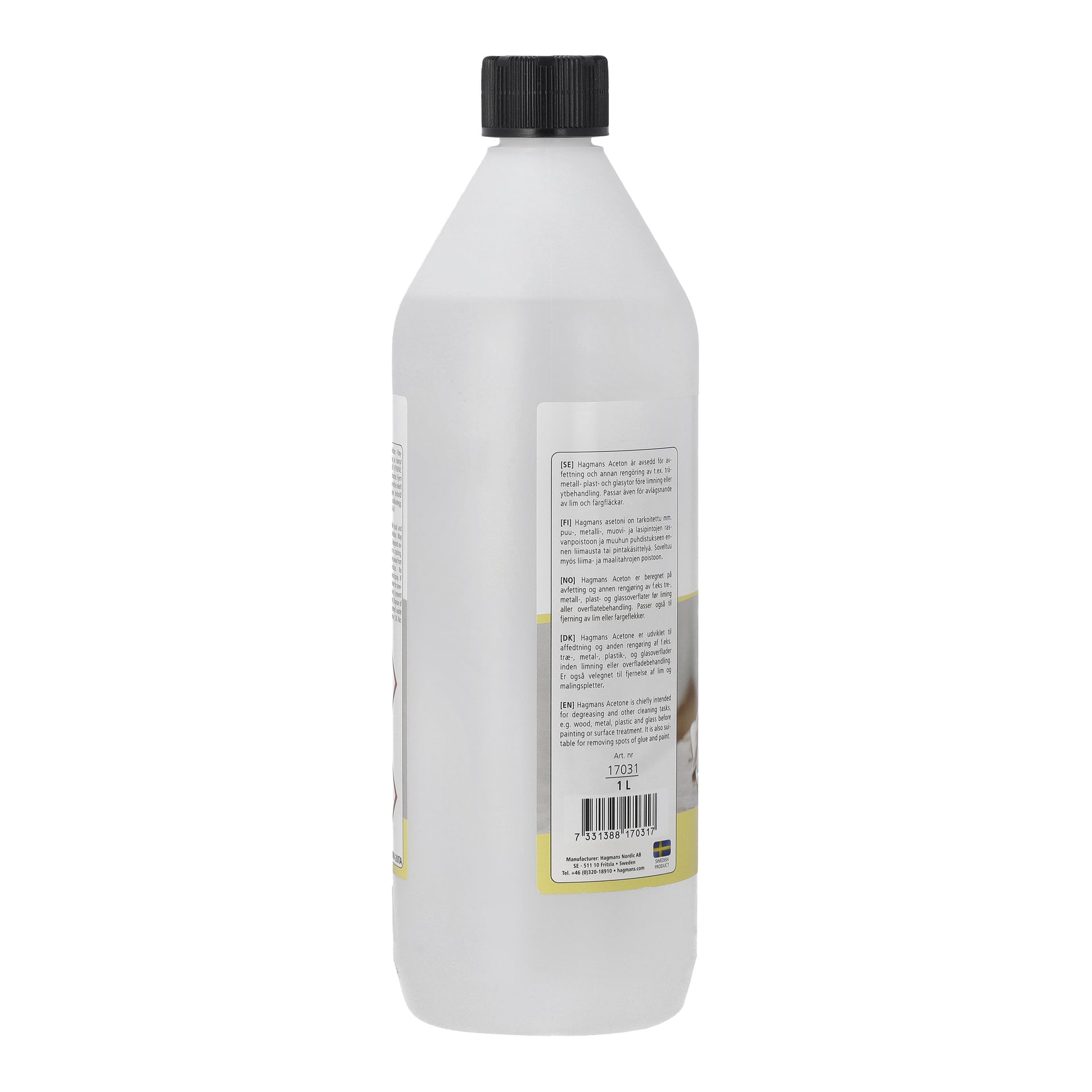 En genomskinlig plastflaska Hagmans Acetone med svart räfflad kork, vit etikett, streckkod i botten och klar vätska inuti.