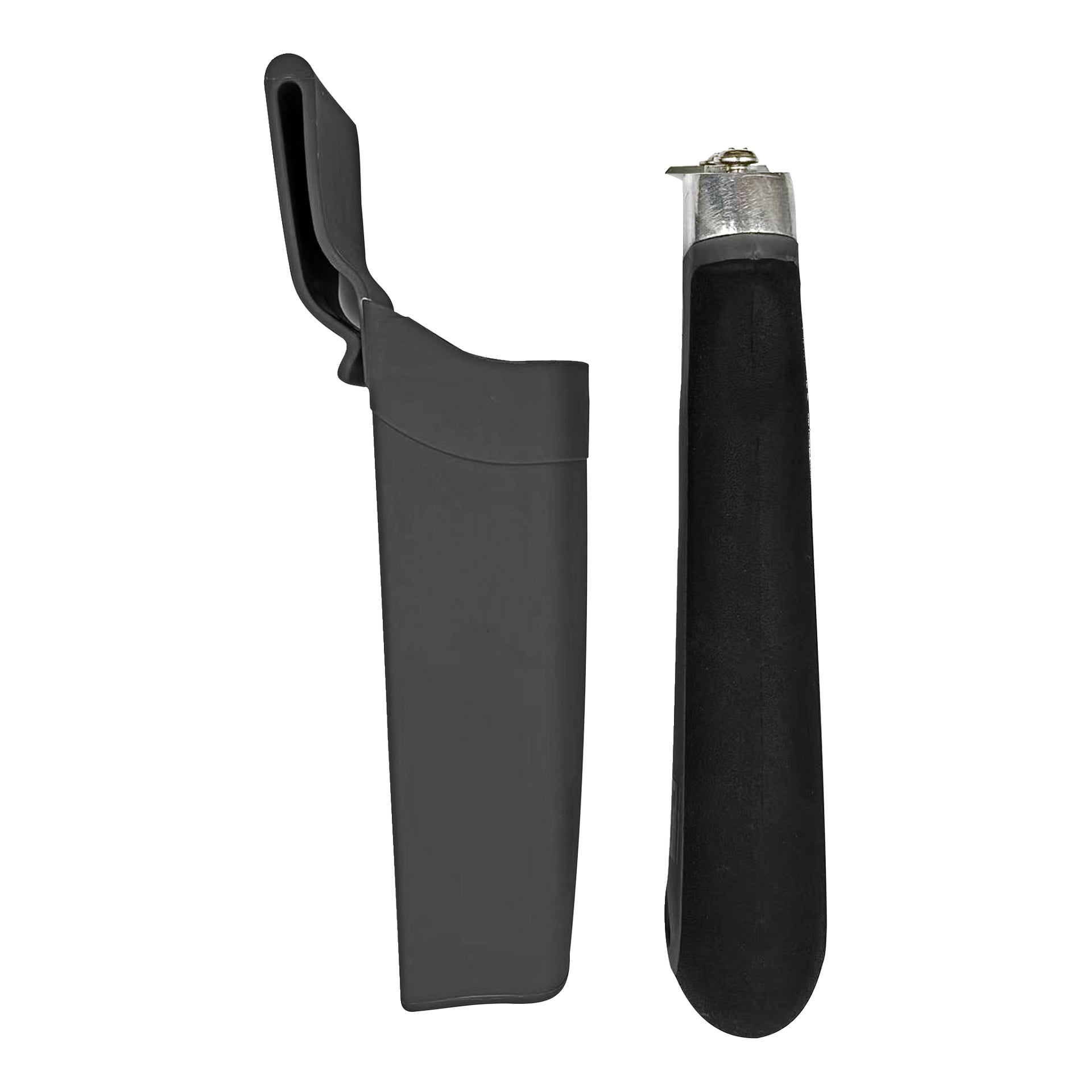 Ein Hard Head Profile Schaber Set: ein Schwarzeisschaber mit Metallklinge und einer passenden offenen, aufrechten schwarzen Schutzabdeckung.