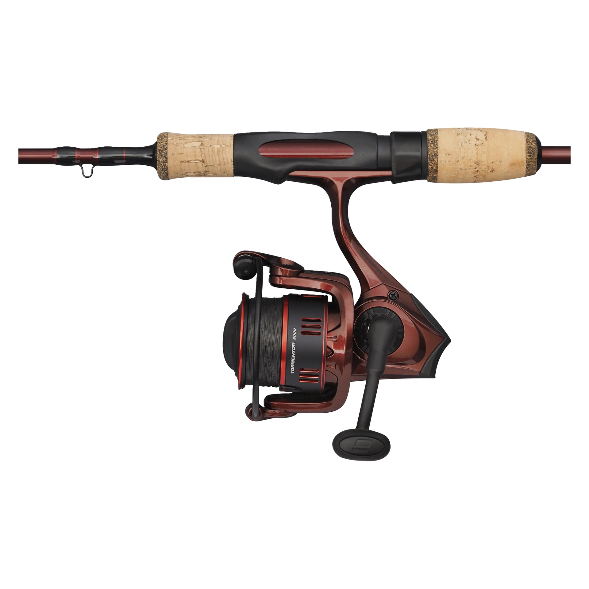 Nærbilde av Abu Garcia Tormentor2 Travel Spinning Combo, med korkhåndtak og en svart-rød snelle på stangen.