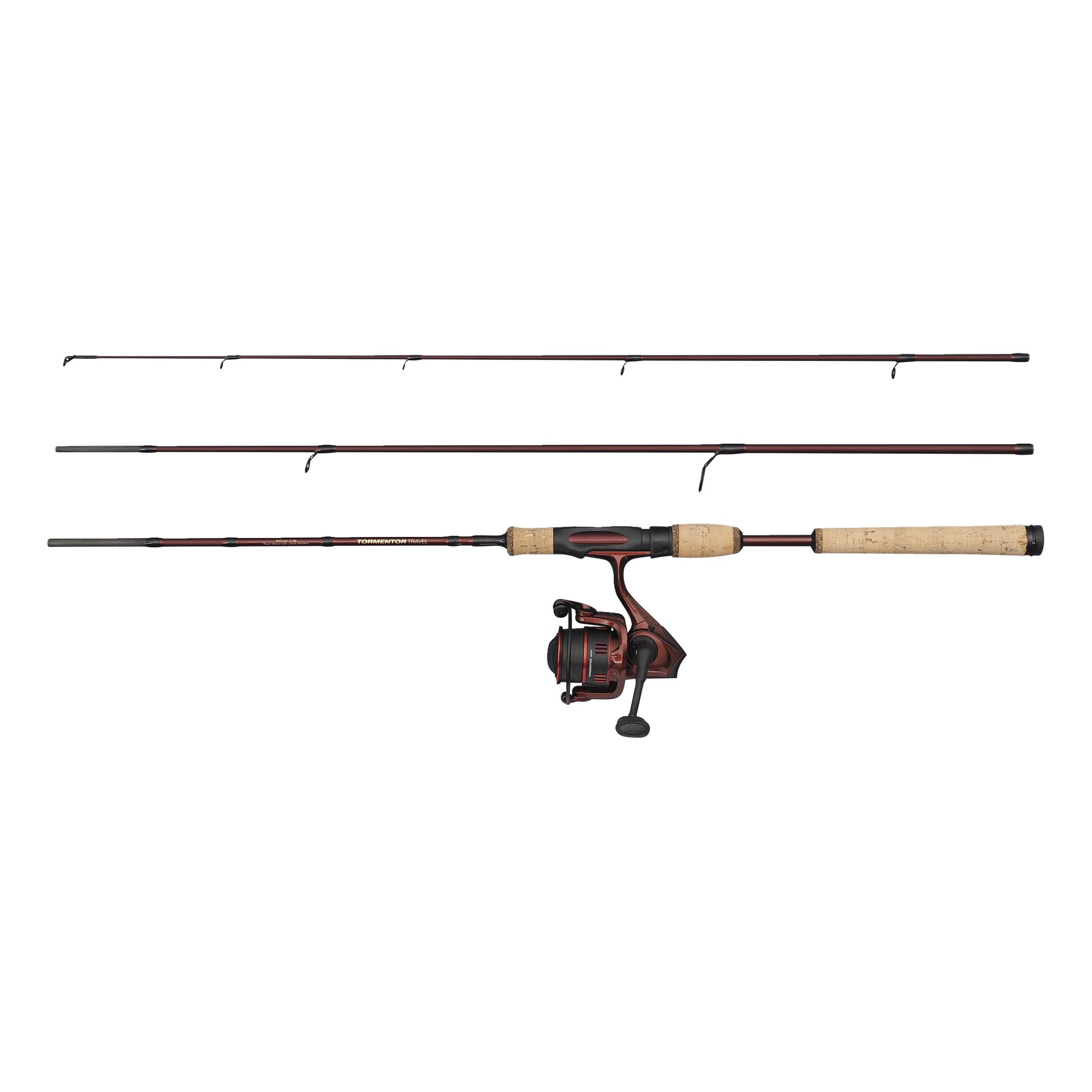 Abu Garcia Tormentor2 Travel Spinning Combo har en rød og svart tredelt stang med korkhåndtak og spinnesnelle, vist montert og fra hverandre.