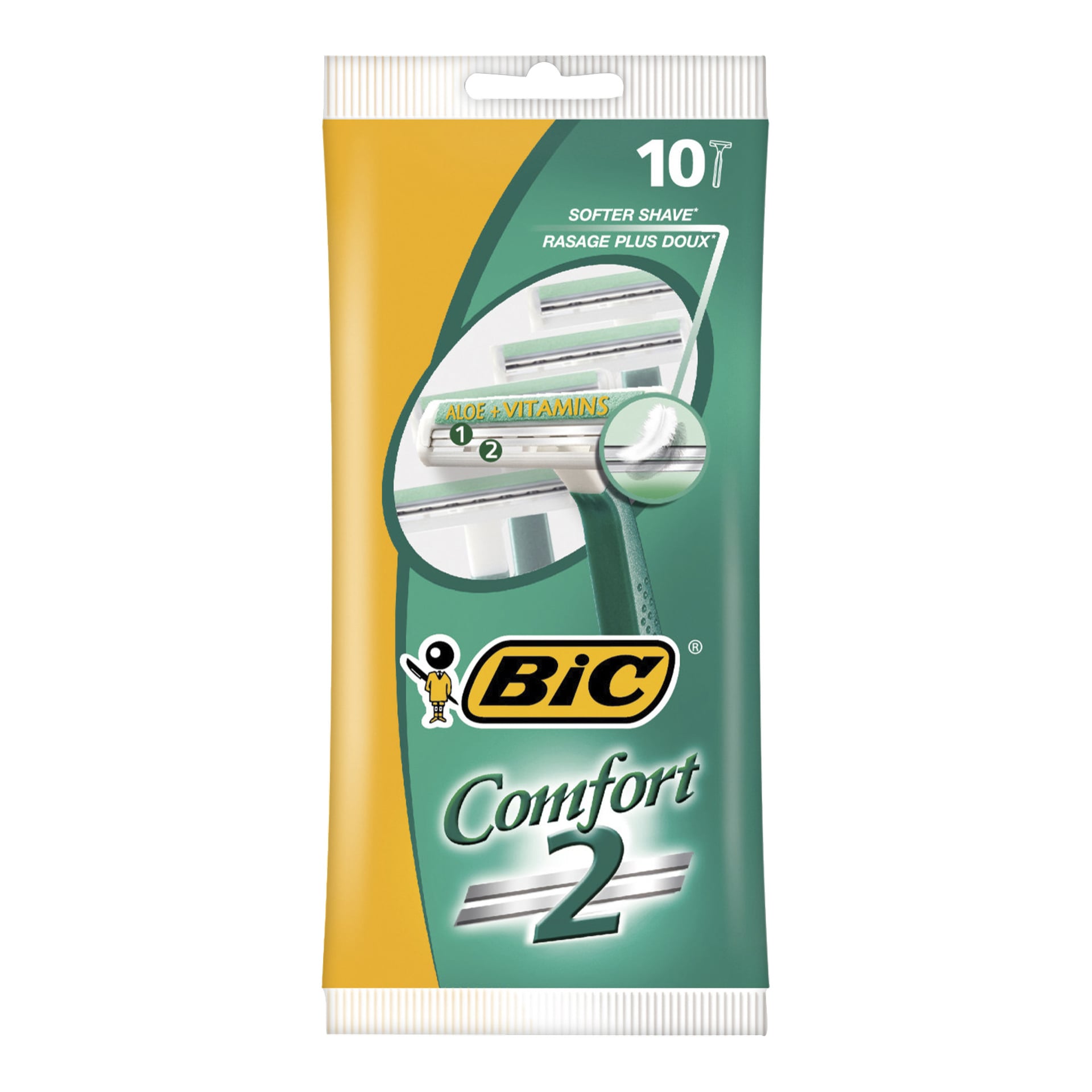 Jednorazowe maszynki Bic Comfort 10-pack mają dwa ostrza i aloes z witaminami, które zapewniają delikatne golenie. Żółty, zielony, biały pakiet.