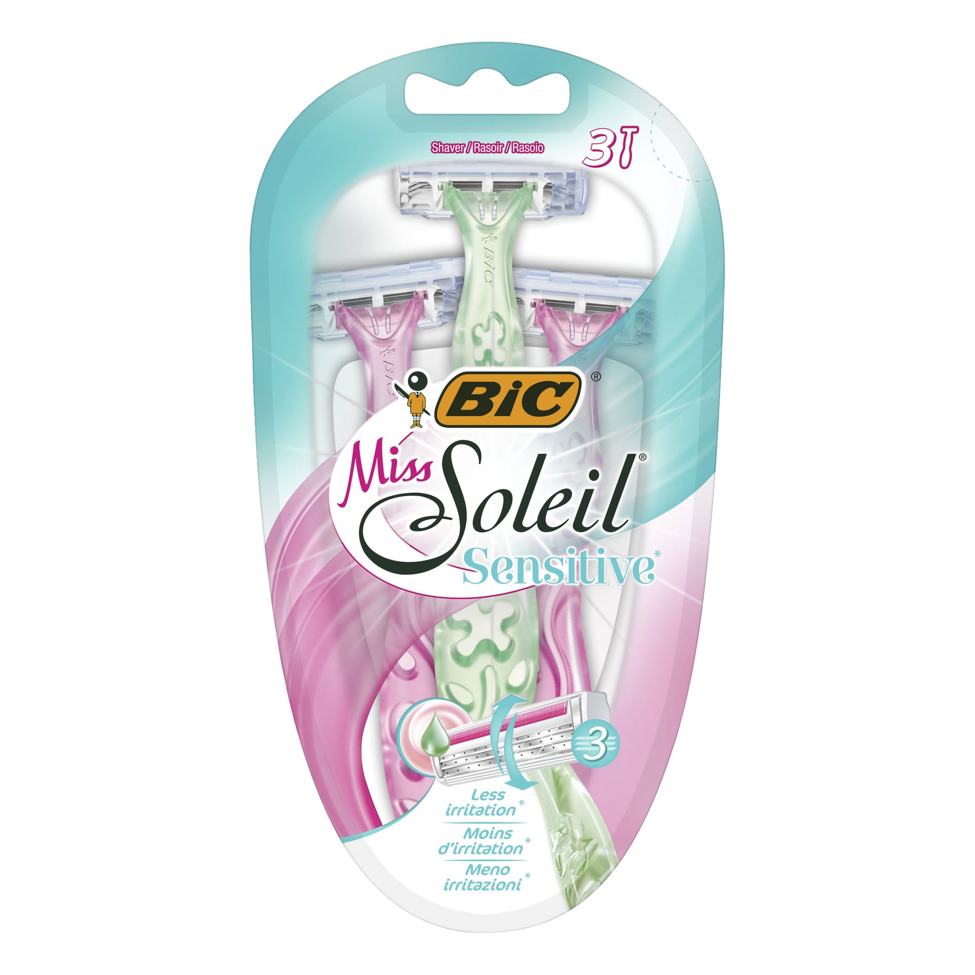 Tre Bic Miss Soleil Sensitive rakhyvlar med pastellfärgade handtag i förpackningen som marknadsför "Mindre irritation" och visar bladen.