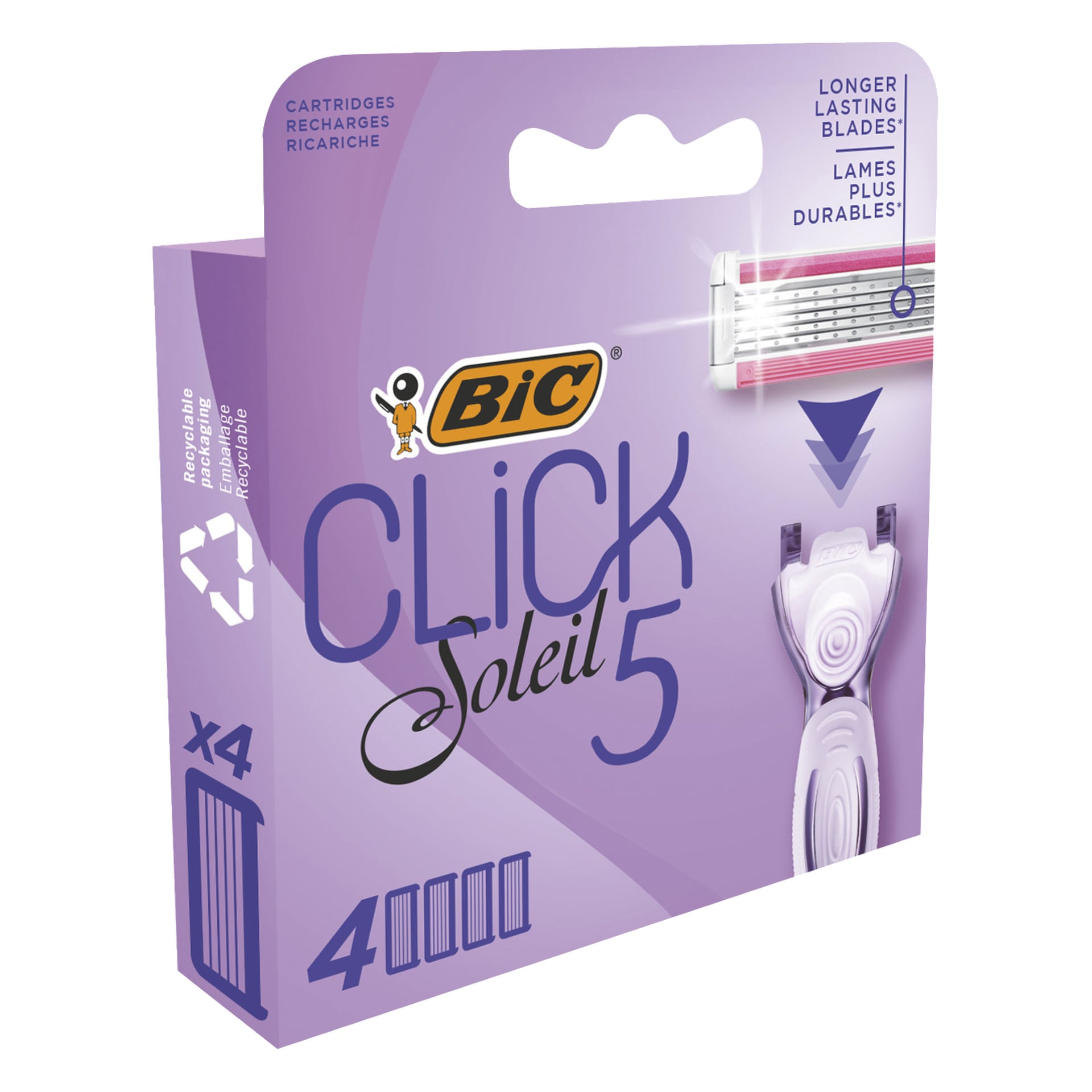 Ein lila Bic Click 5 Soleil Rasiererpack zeigt den Fünf-Klingen-Rasierer, das Recycling-Symbol sowie den Text "Longer Lasting Blades" und "4 Cartridges".