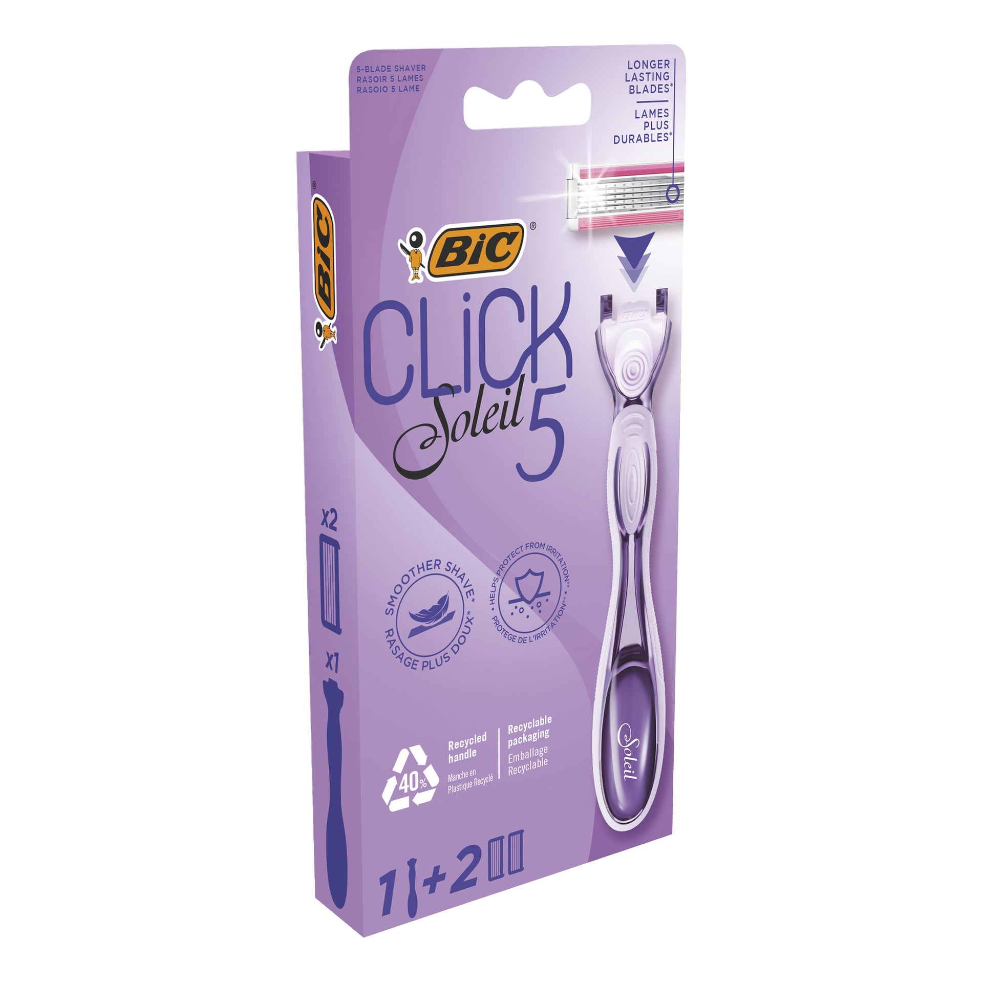 En lila Bic Click 5 Soleil-rakhyvellåda visar ett handtag och två påfyllningar, vilket framhäver återvinningsbara delar och längre hållbara blad.