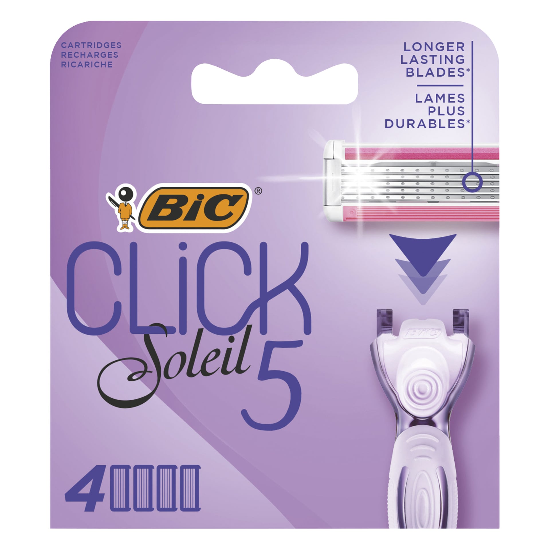 Bic Click 5 Soleil Razor 4 Pack ist von vorne mit Griff, Fünfklingen-Detail, "langlebigeren Klingen" und vier Patronen zu sehen.